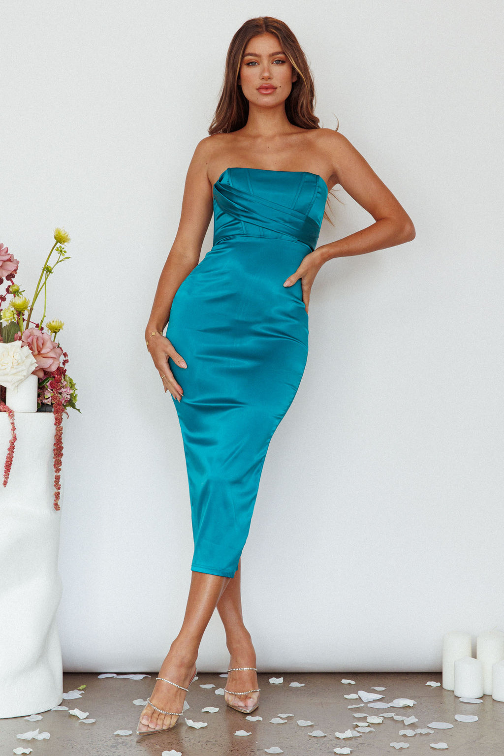 Still Mine Strapless Midi Dress Green by Selfie Leslie