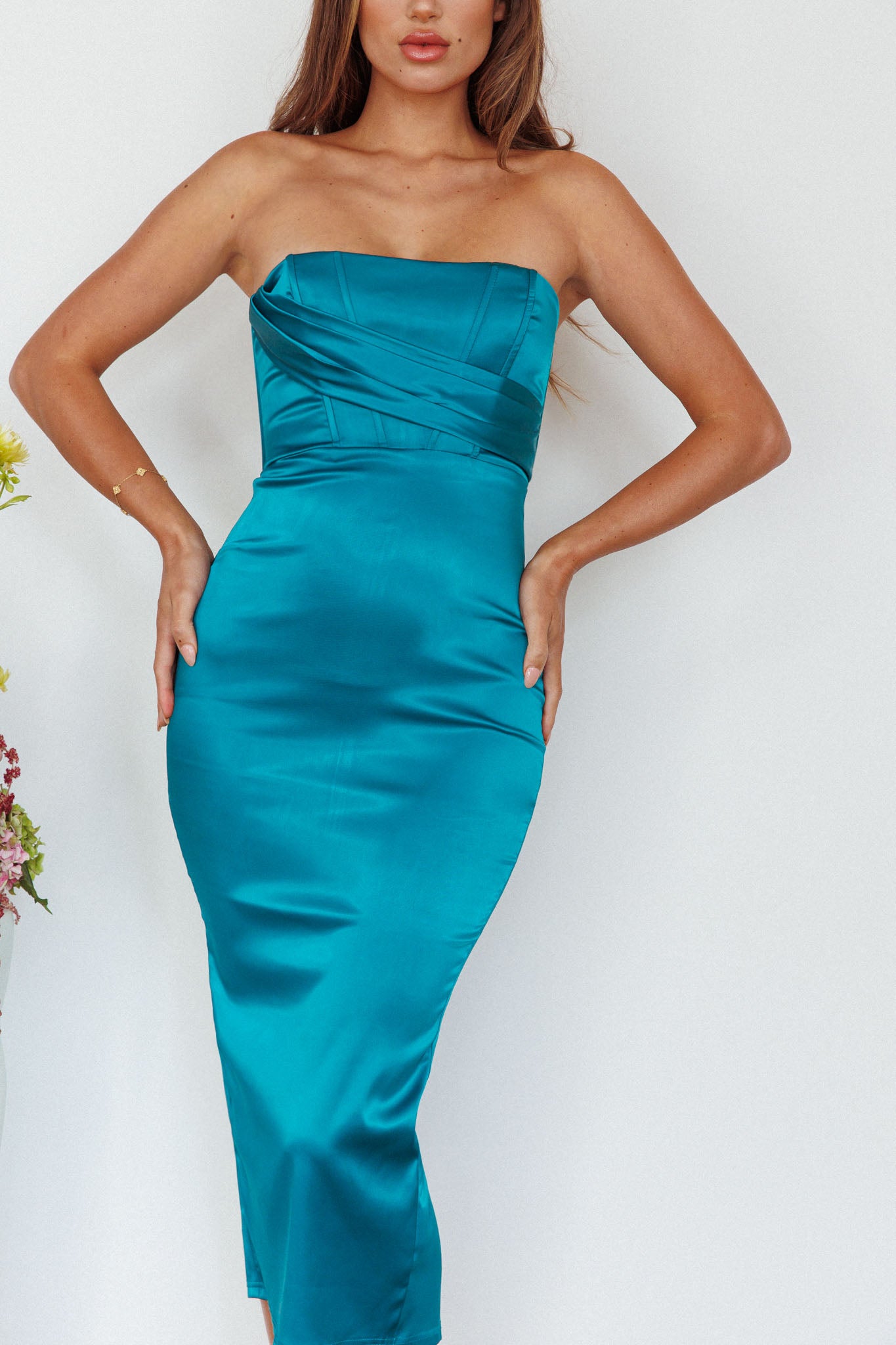 Still Mine Strapless Midi Dress Green by Selfie Leslie