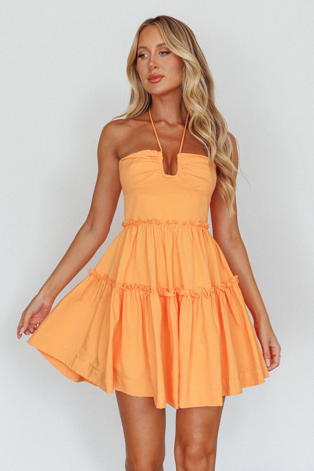 Sherbet Sunset Tied Neck Mini Dress Orange Selfie Leslie Sherbet Sunset Tied Neck Mini Dress Orange Selfie Leslie