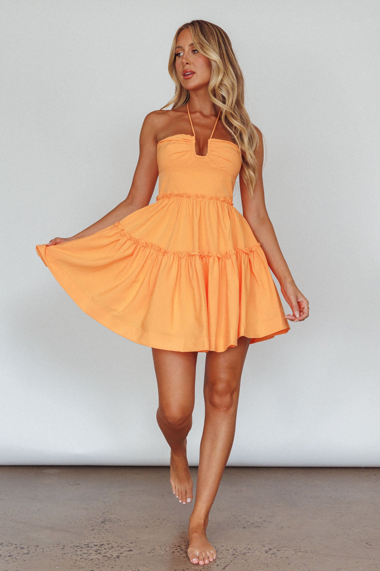 Sherbet Sunset Tied Neck Mini Dress Orange Sherbet Sunset Tied Neck Mini Dress Orange