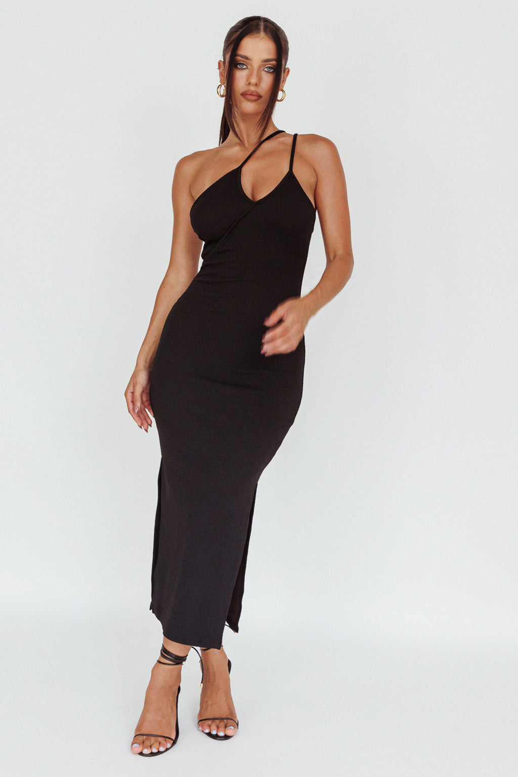 Planets Align Double Strap Midi Dress Black by Selfie Leslie