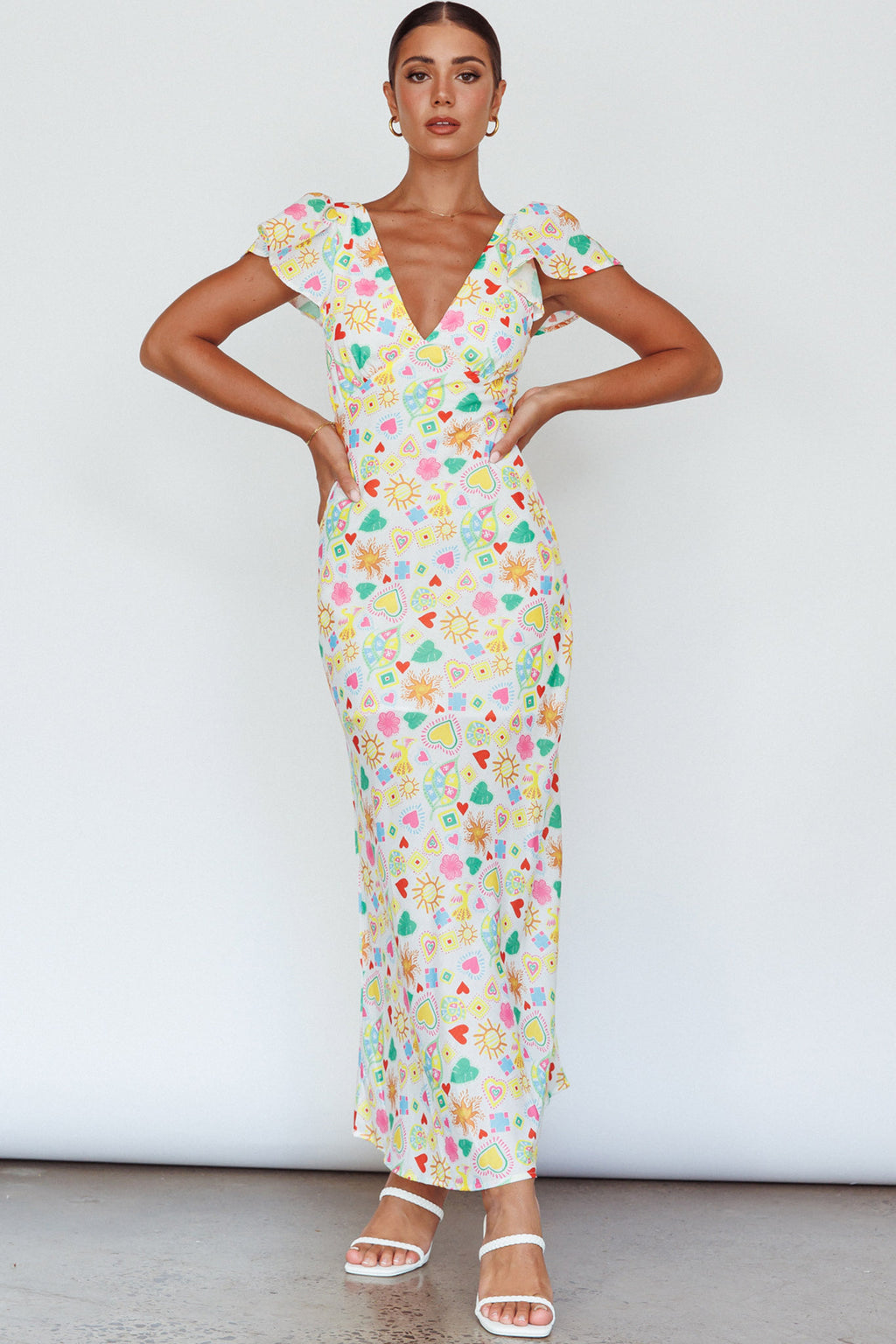 Long Summer Flutter Sleeve Maxi Dress Printed White by Selfie Leslie