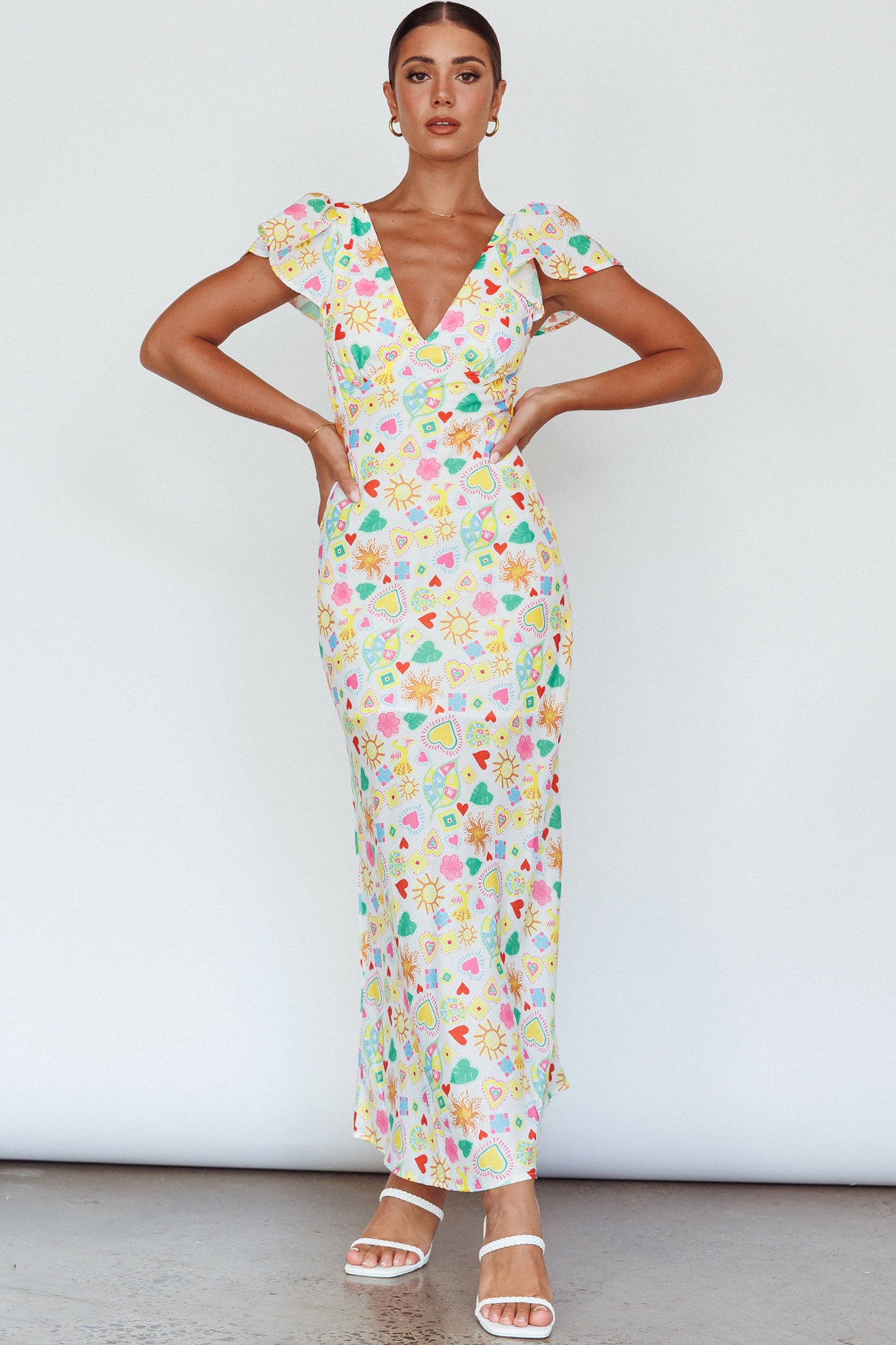 Long Summer Flutter Sleeve Maxi Dress Printed White by Selfie Leslie
