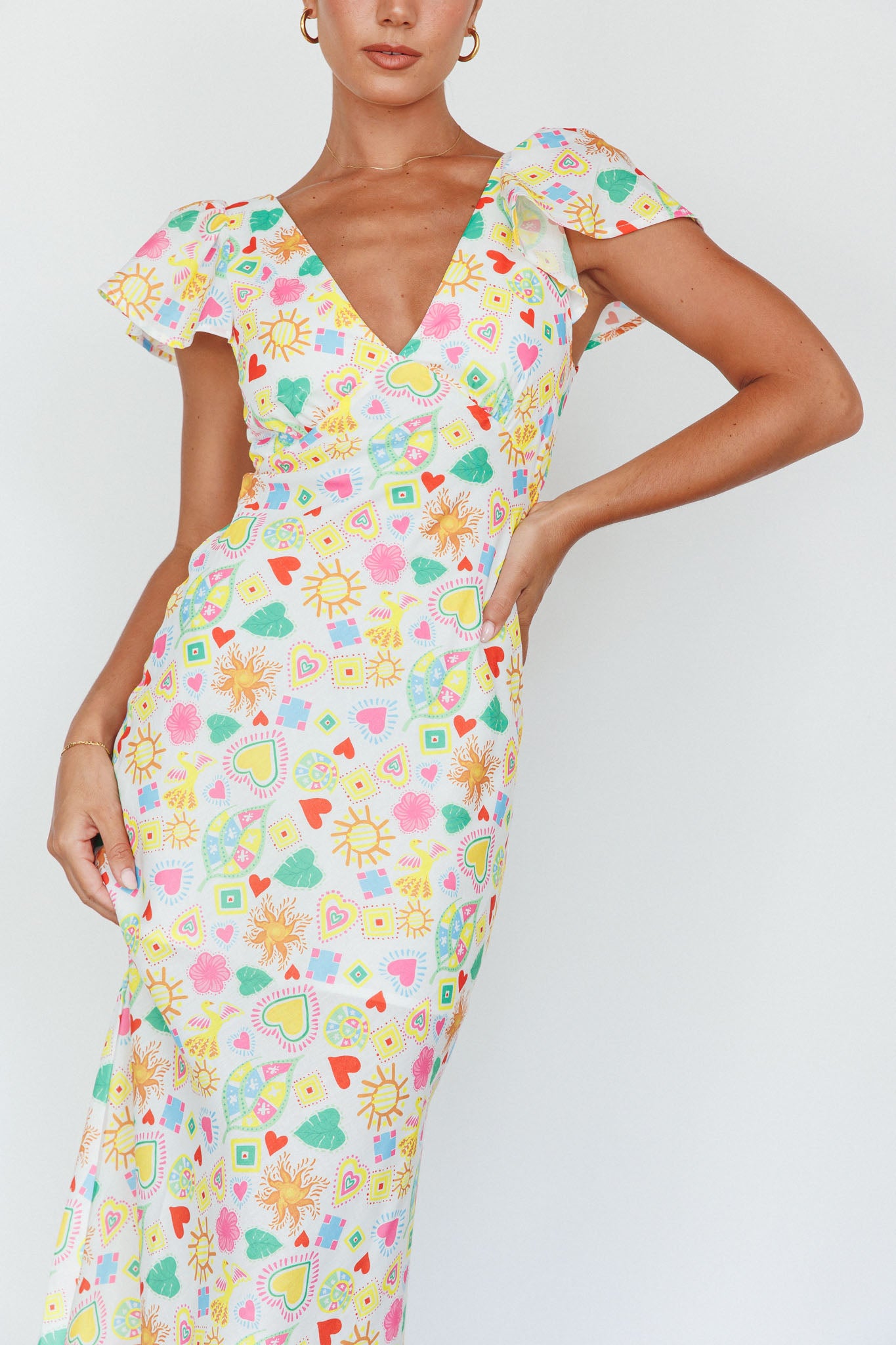 Long Summer Flutter Sleeve Maxi Dress Printed White by Selfie Leslie