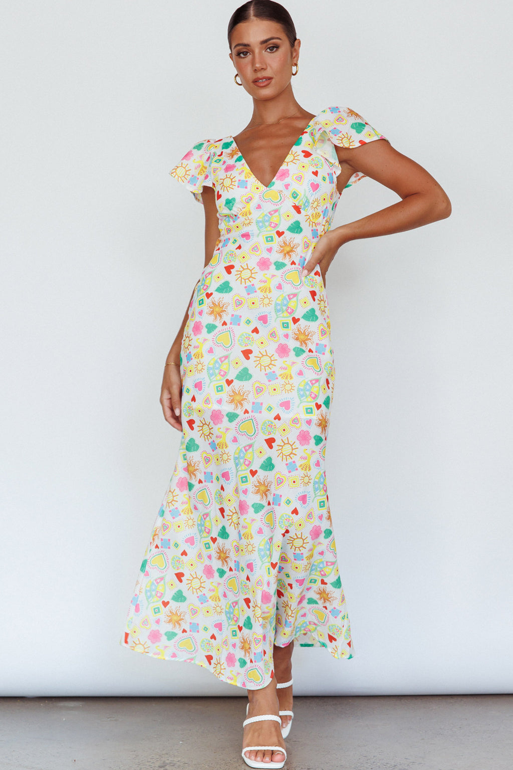 Long Summer Flutter Sleeve Maxi Dress Printed White by Selfie Leslie
