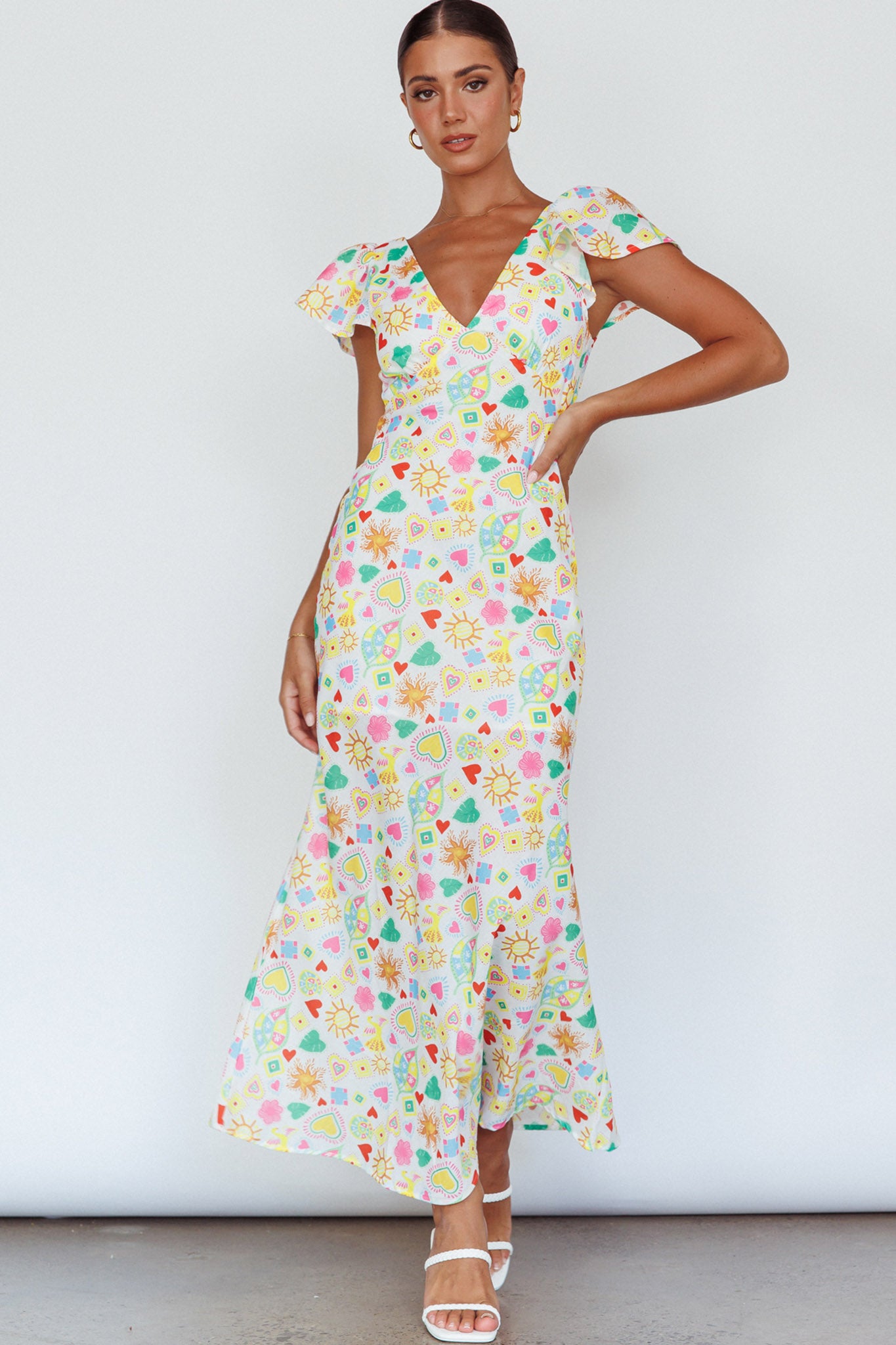 Long Summer Flutter Sleeve Maxi Dress Printed White by Selfie Leslie