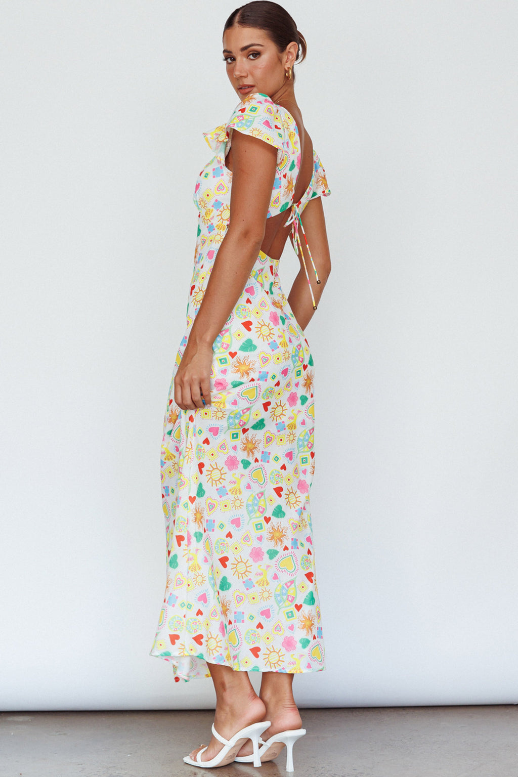 Long Summer Flutter Sleeve Maxi Dress Printed White by Selfie Leslie