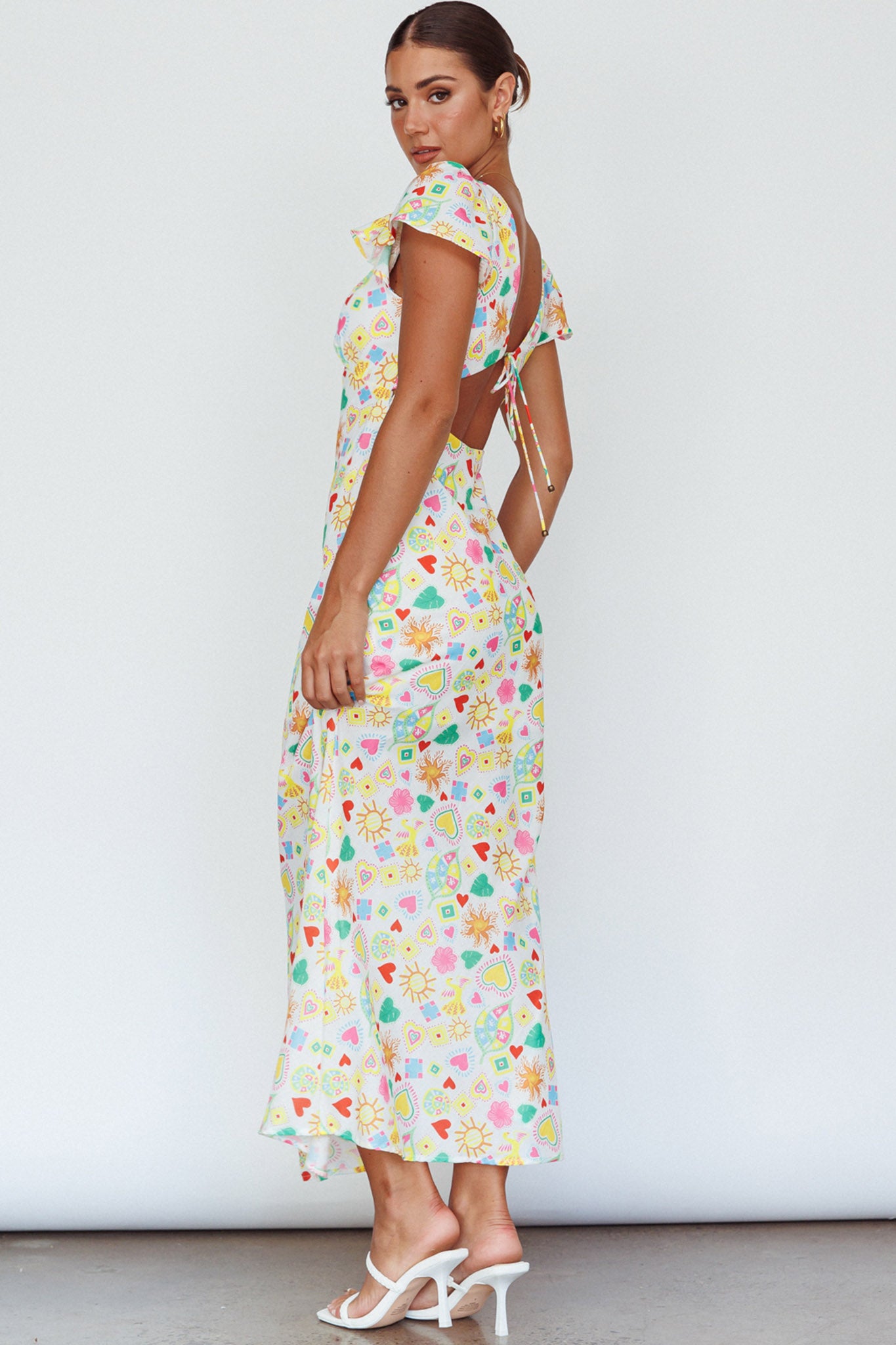 Long Summer Flutter Sleeve Maxi Dress Printed White by Selfie Leslie