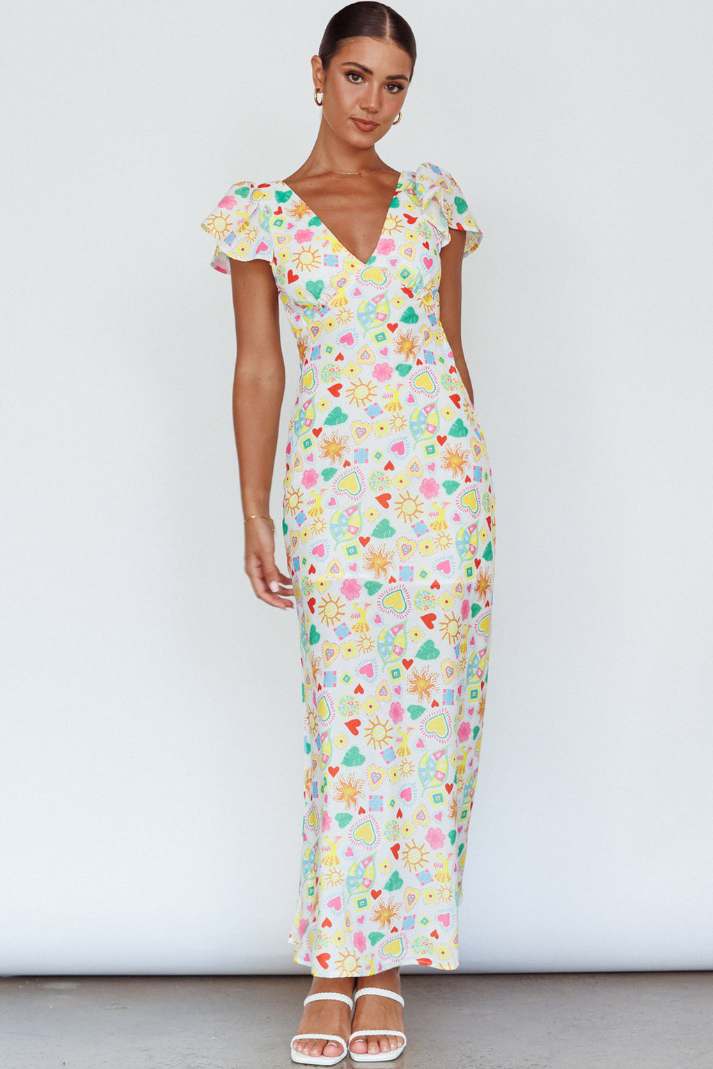 Long Summer Flutter Sleeve Maxi Dress Printed White by Selfie Leslie