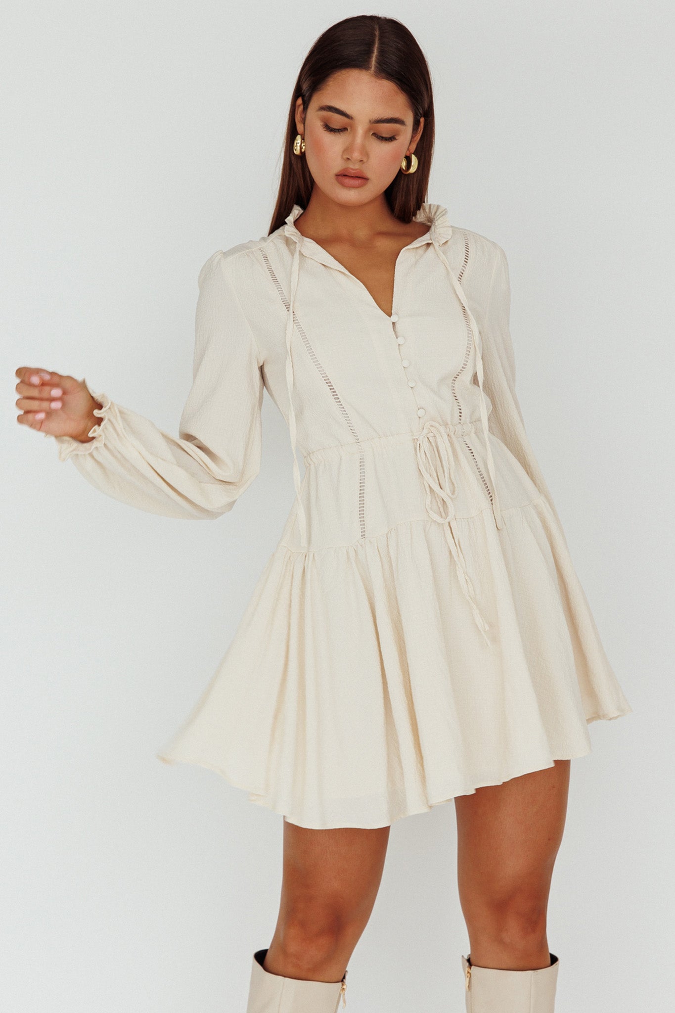 Waverly Long Sleeve Mini Dress Beige by Selfie Leslie