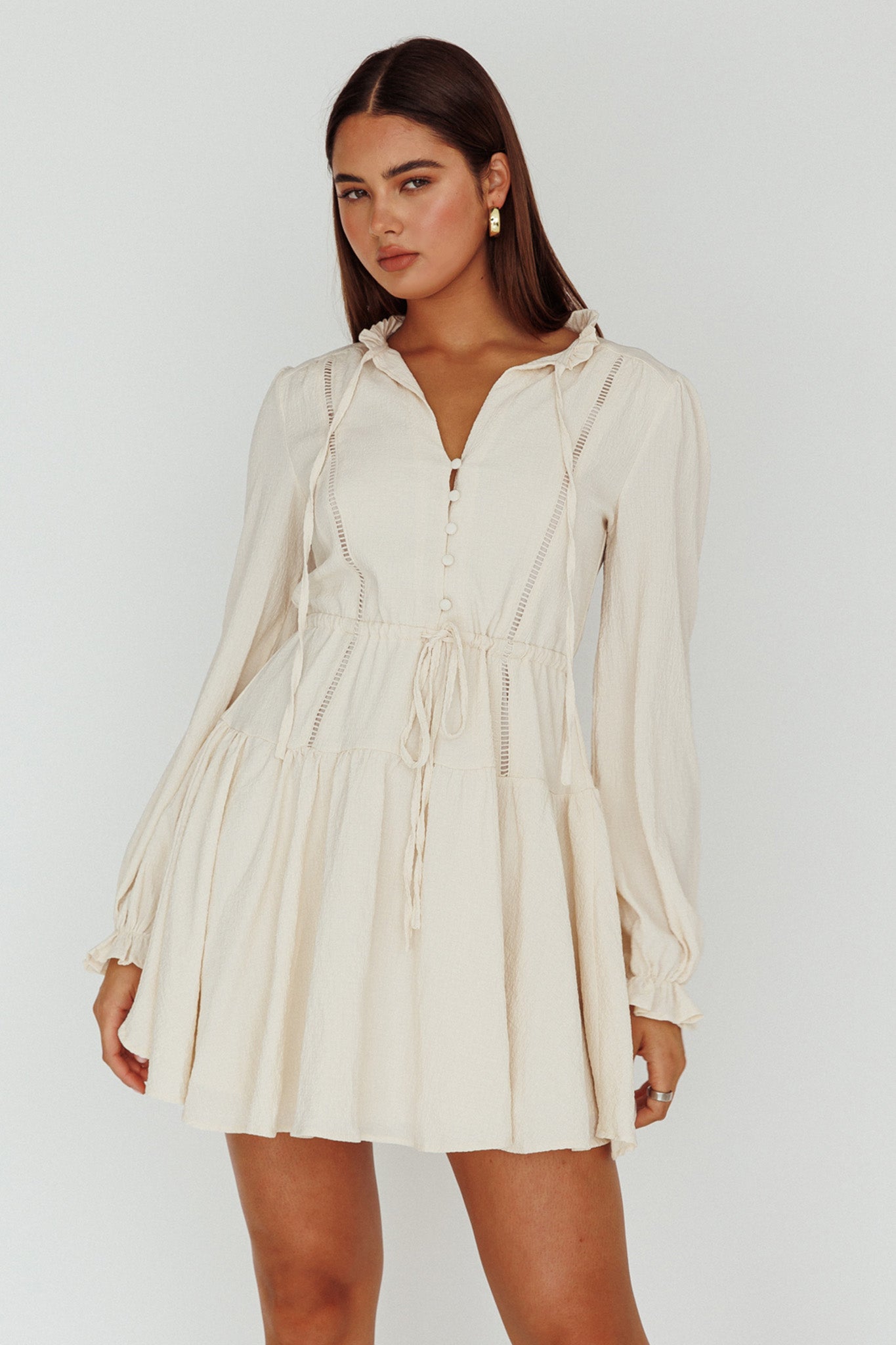 Waverly Long Sleeve Mini Dress Beige by Selfie Leslie