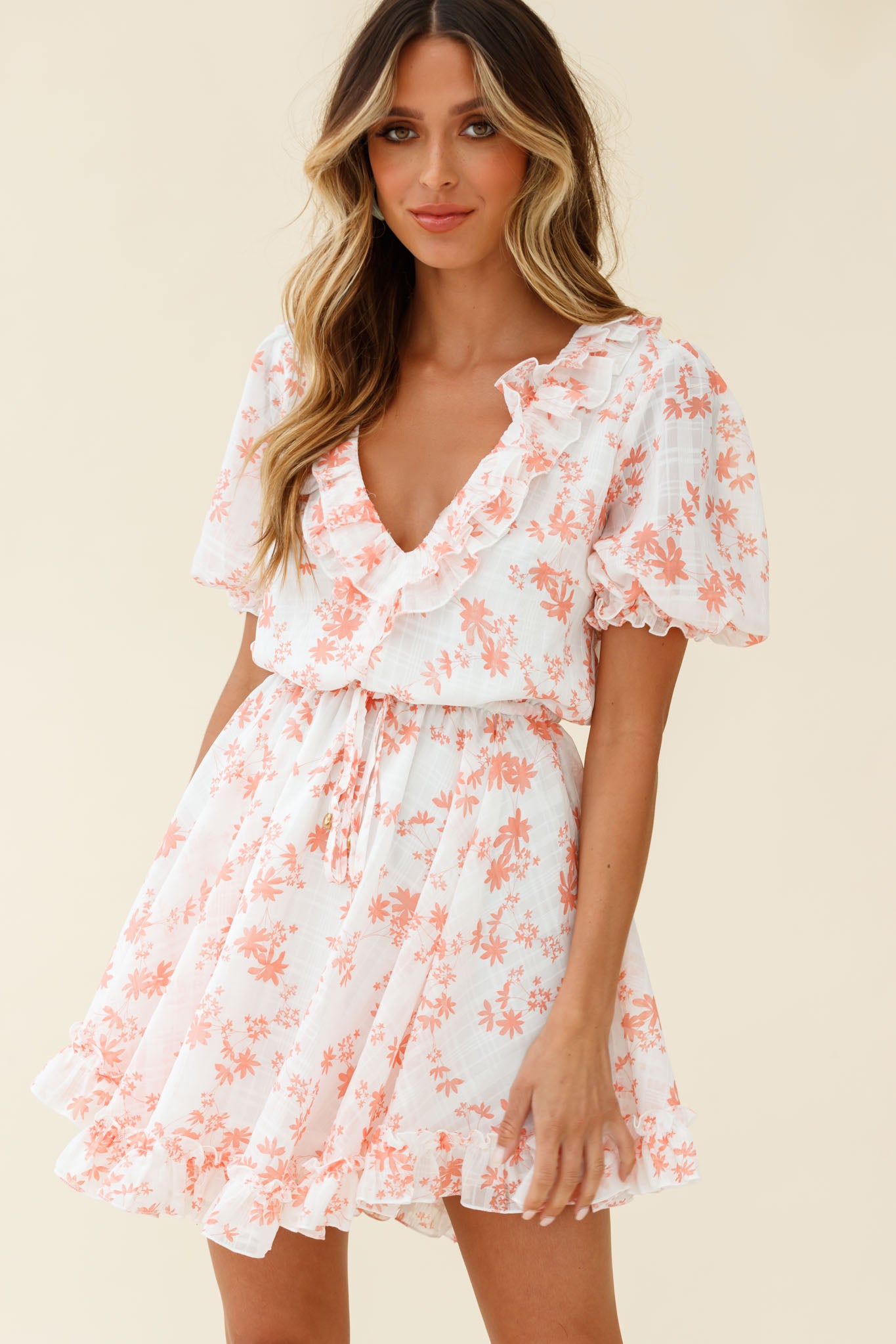 Brianna Puff Sleeve Drawstring Waist Dress Floral Print Pink by Selfie Leslie