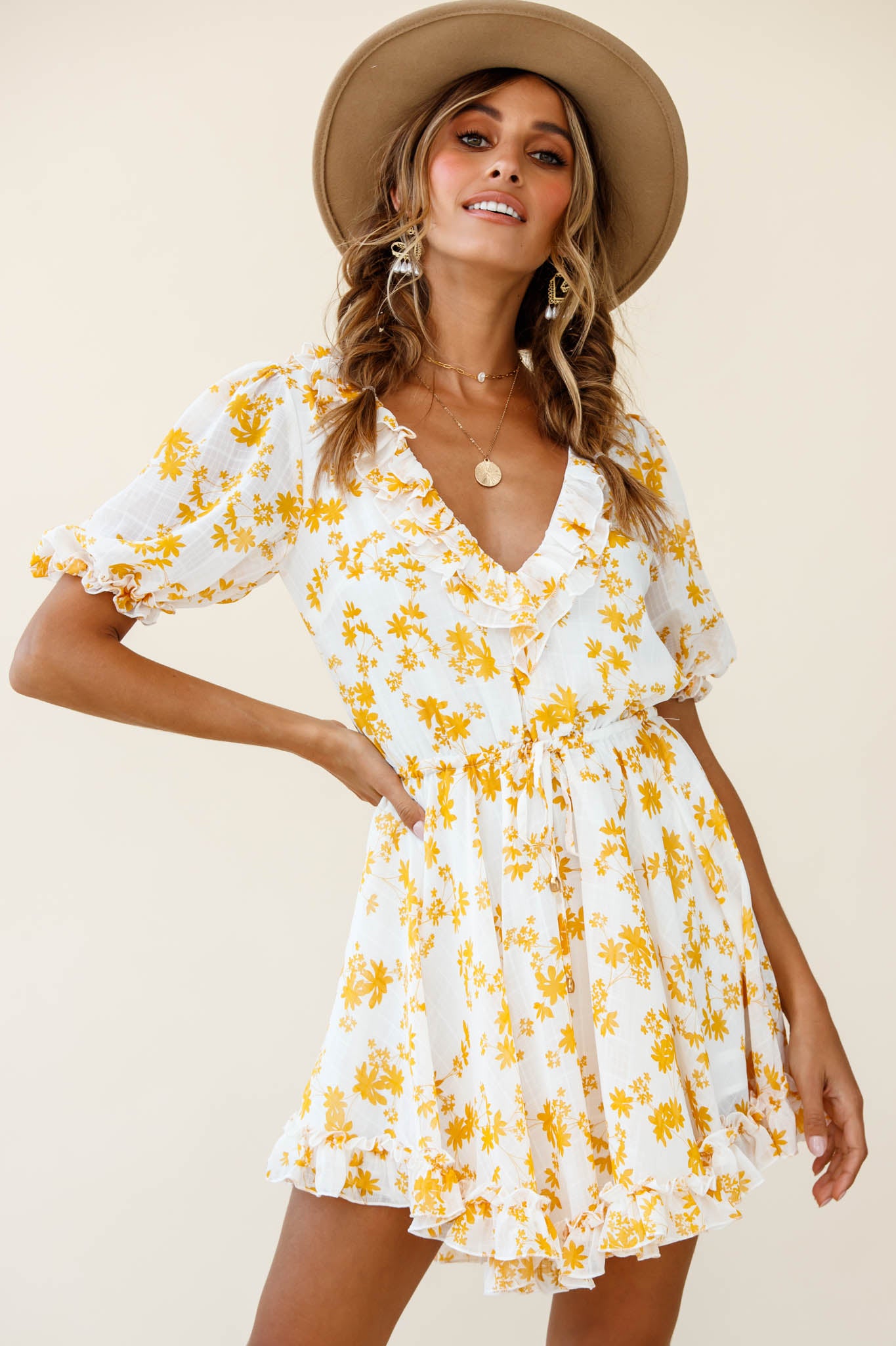 Brianna Puff Sleeve Drawstring Waist Dress Floral Print Yellow by Selfie Leslie
