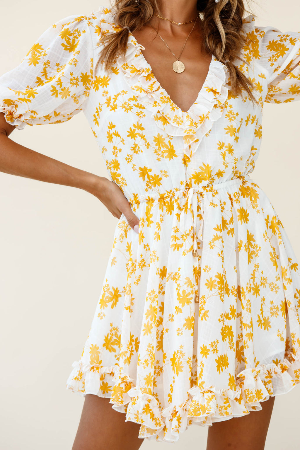 Brianna Puff Sleeve Drawstring Waist Dress Floral Print Yellow by Selfie Leslie