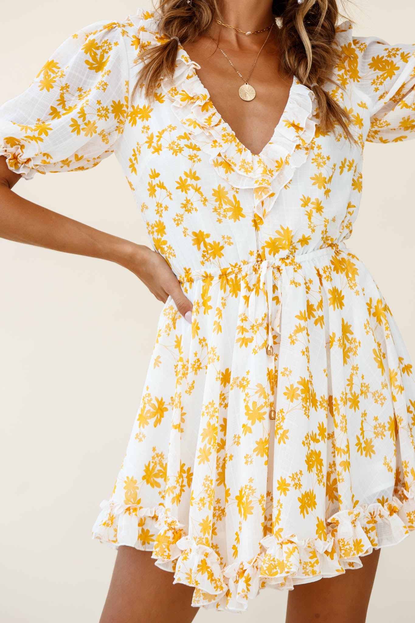Brianna Puff Sleeve Drawstring Waist Dress Floral Print Yellow by Selfie Leslie