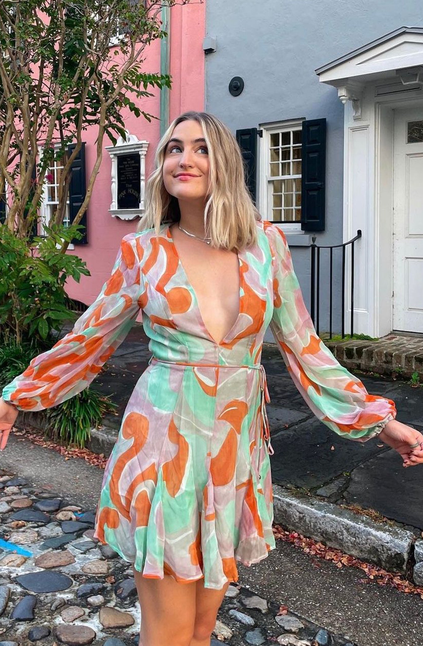 Estelle Long Sleeve V-Neckline Dress Swirl Print Orange/Mint Estelle Long Sleeve V-Neckline Dress Swirl Print Orange/Mint