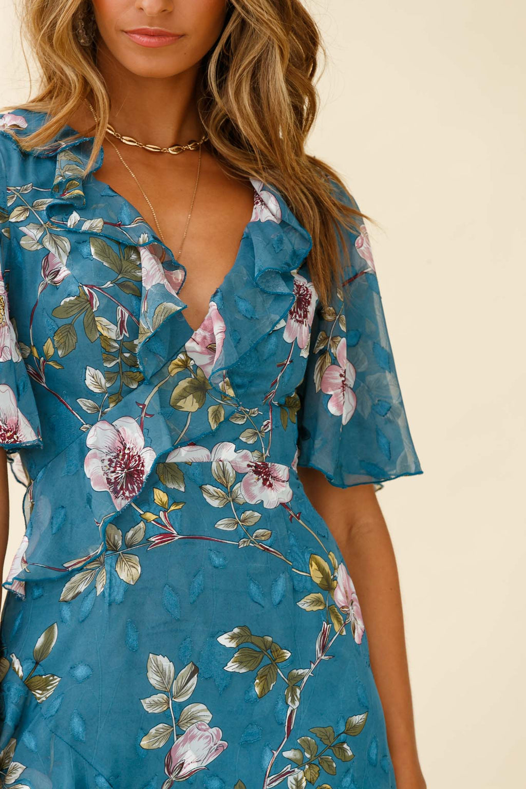 June Angel Sleeve Ruffle Detail Dress Floral Print Teal by Selfie Leslie