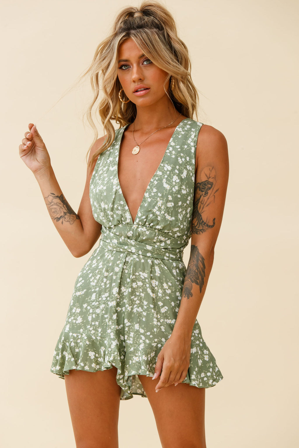 Playa Vista Halterneck Frill Hem Romper Floral Print Olive by Selfie Leslie