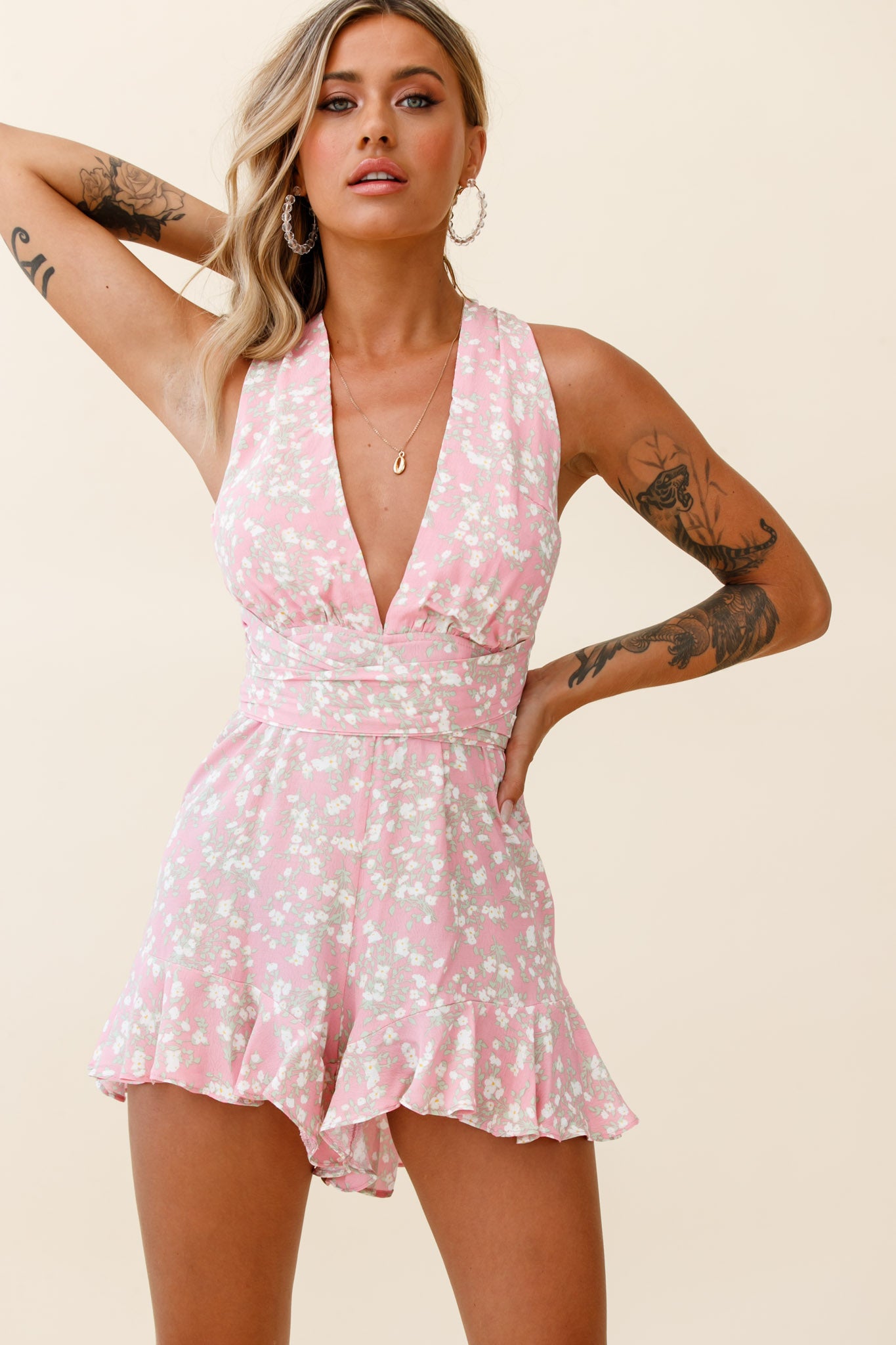 Playa Vista Halterneck Frill Hem Romper Floral Print Pink by Selfie Leslie