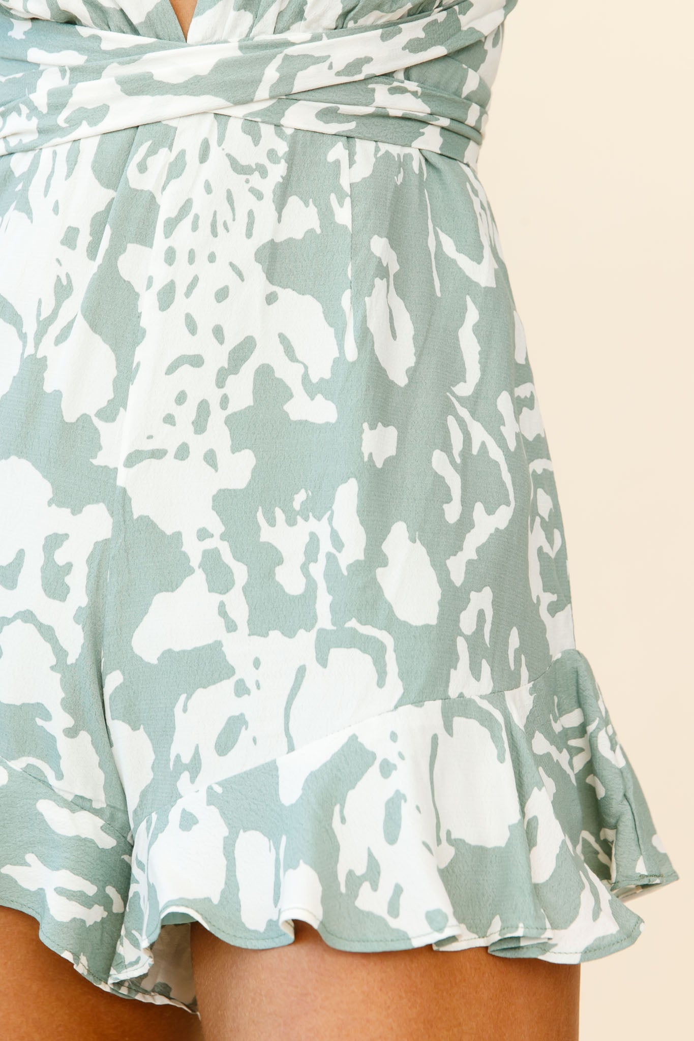 Playa Vista Halterneck Frill Hem Romper Stencil Print Sage by Selfie Leslie