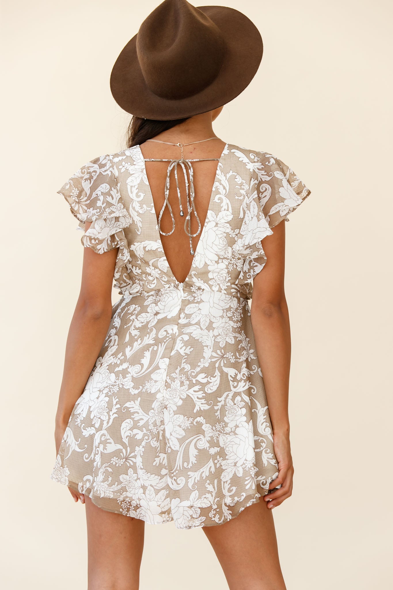 Say That Again Ruffle Shoulder Dress Ornate Floral Print Beige by Selfie Leslie