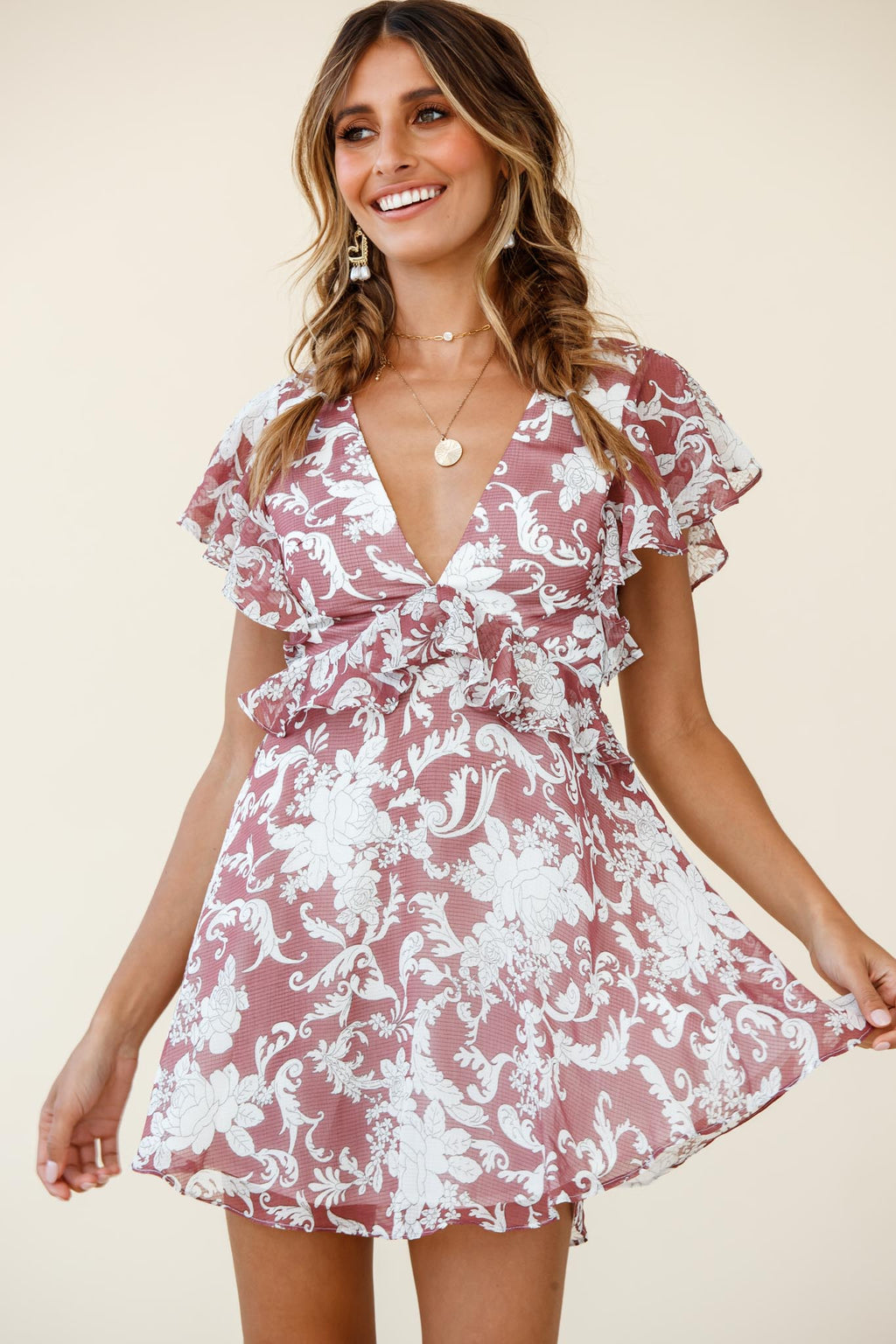 Say That Again Ruffle Shoulder Dress Ornate Floral Print Maroon by Selfie Leslie