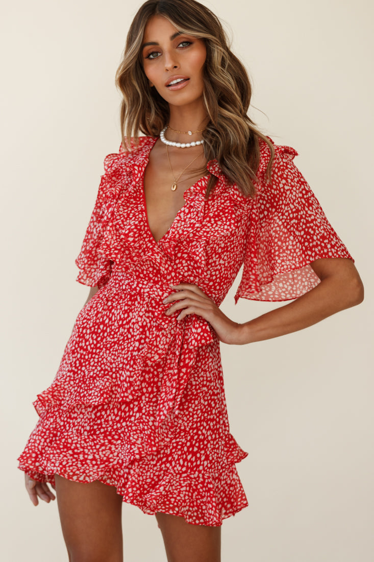 Sweet Talk Short Sleeve Ruffle Detail Dress Speckle Print Red by Selfie Leslie
