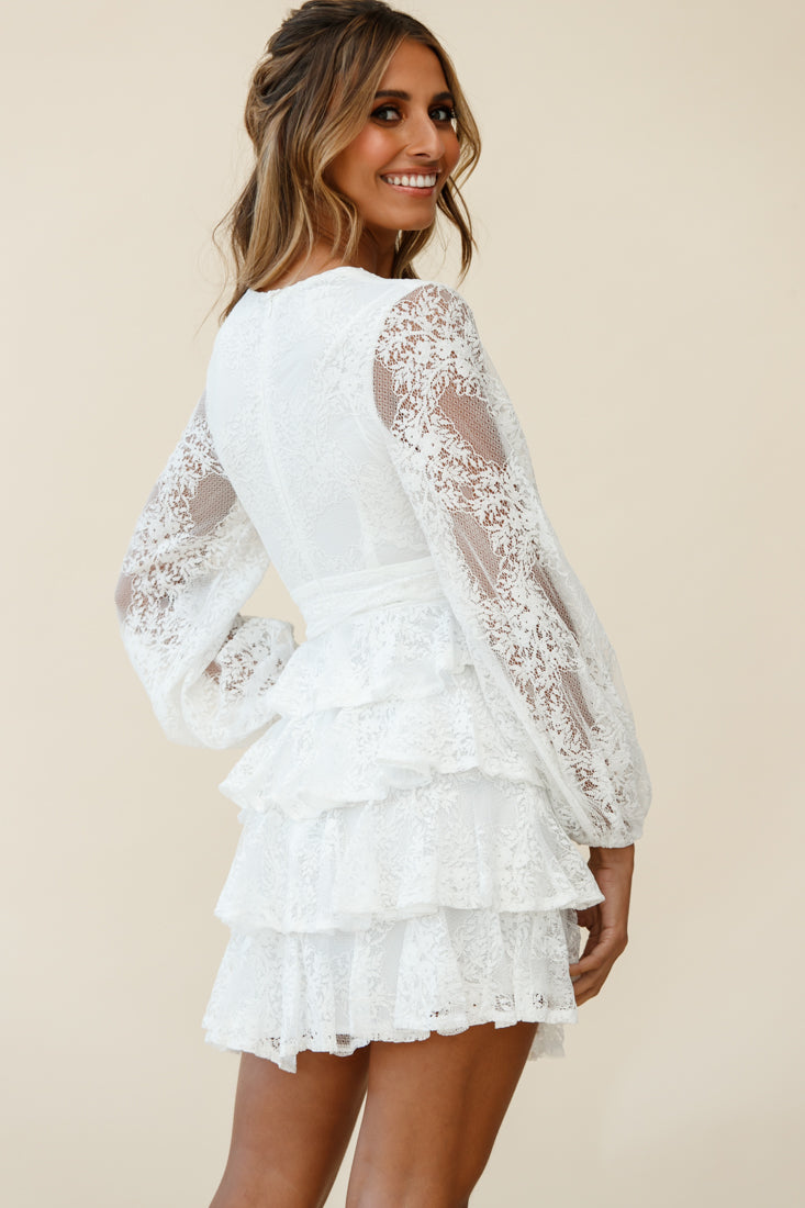 Queensland Balloon Sleeve Tiered Frill Lace Dress White by Selfie Leslie
