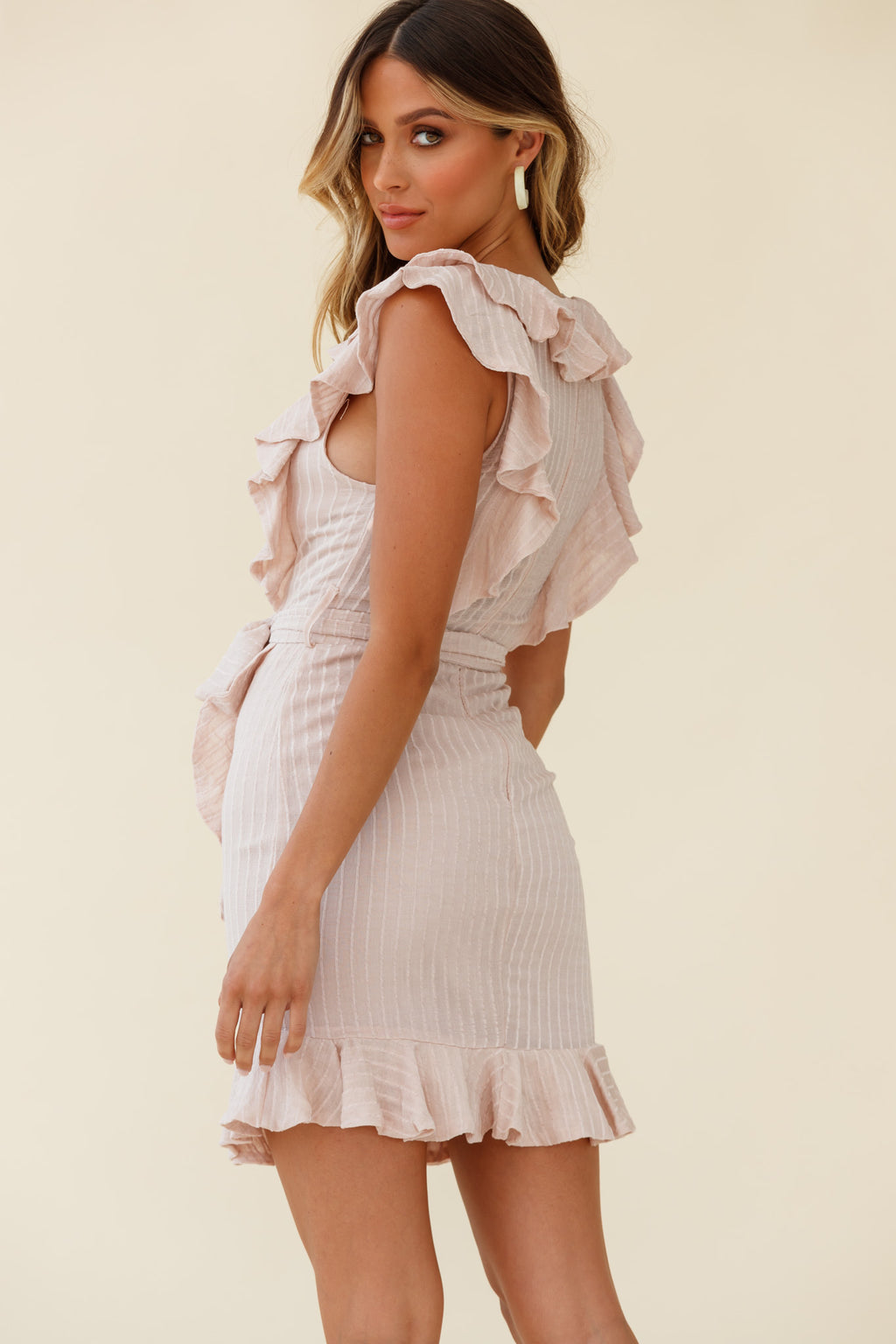 Honor Ruffle Neckline Faux Wrap Dress Nude by Selfie Leslie