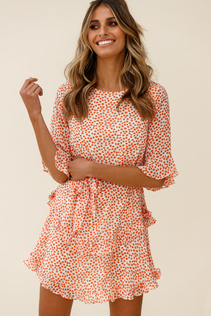 Wife Me Crew Neck Ruffle Insert Dress Polka Dot Orange by Selfie Leslie
