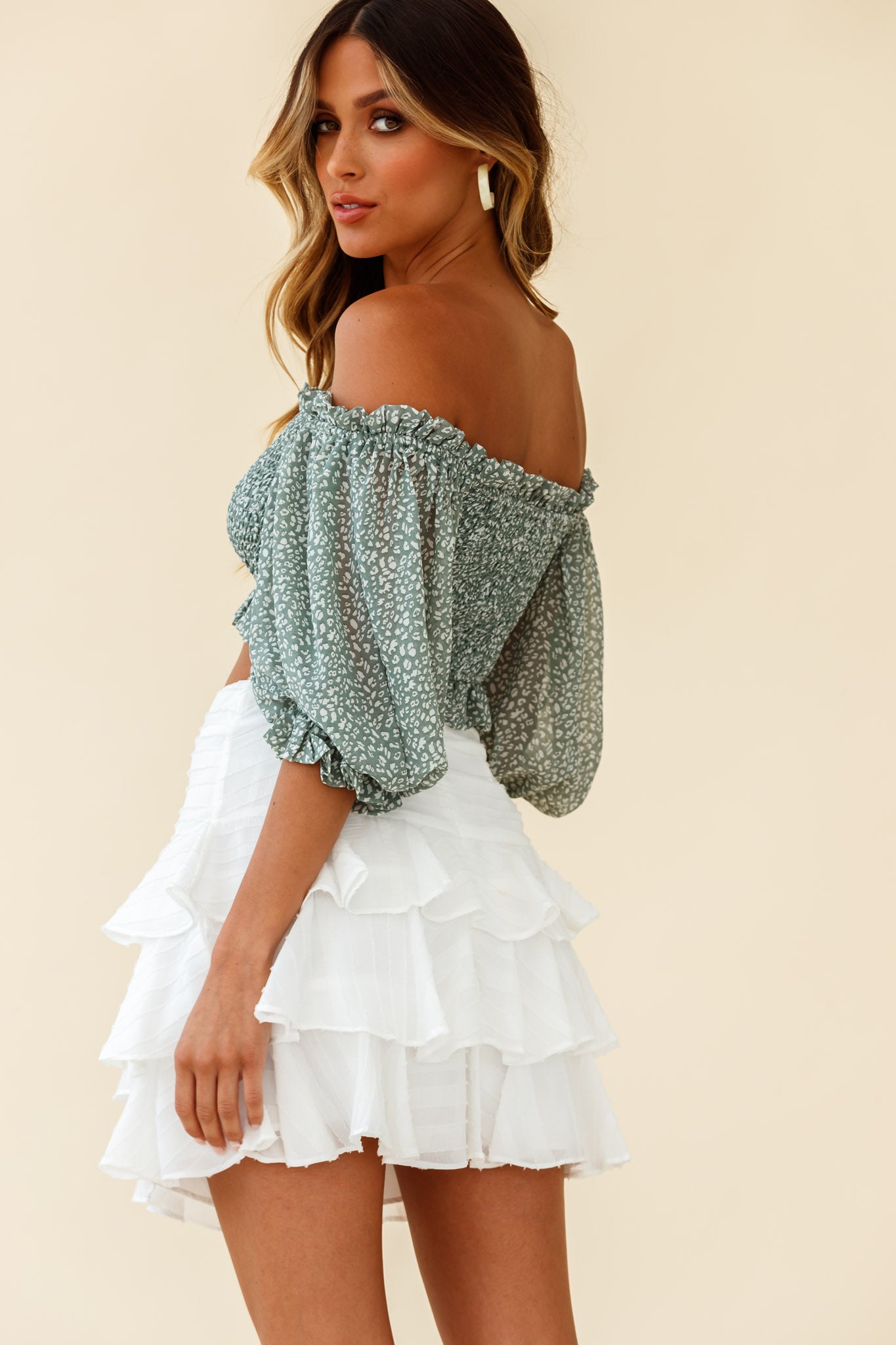Meet Cute Shirred Bust Off-Shoulder Crop Top Speckle Print Olive by Selfie Leslie