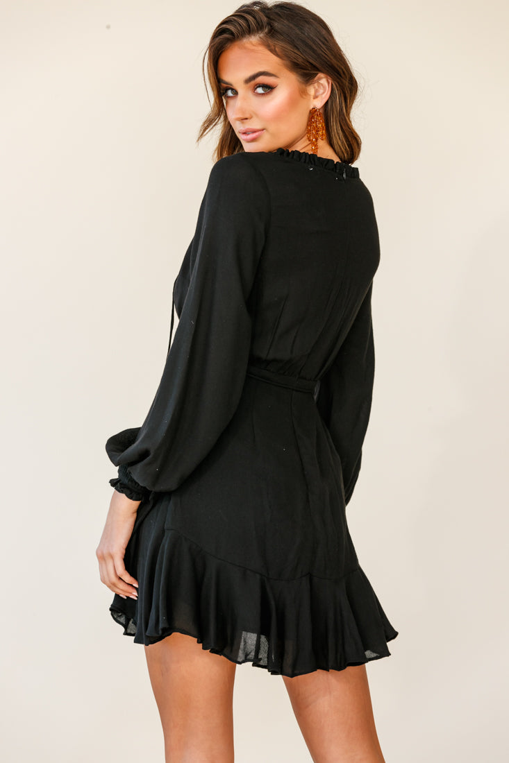 Santorini Long Sleeve String Tie Dress Black by Selfie Leslie