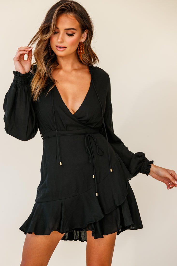 Santorini Long Sleeve String Tie Dress Black by Selfie Leslie
