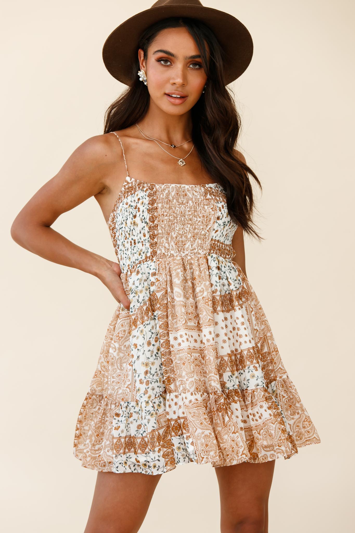 Marja Cami Strap Shirred Baby Doll Dress Paisley Print Tan by Selfie Leslie