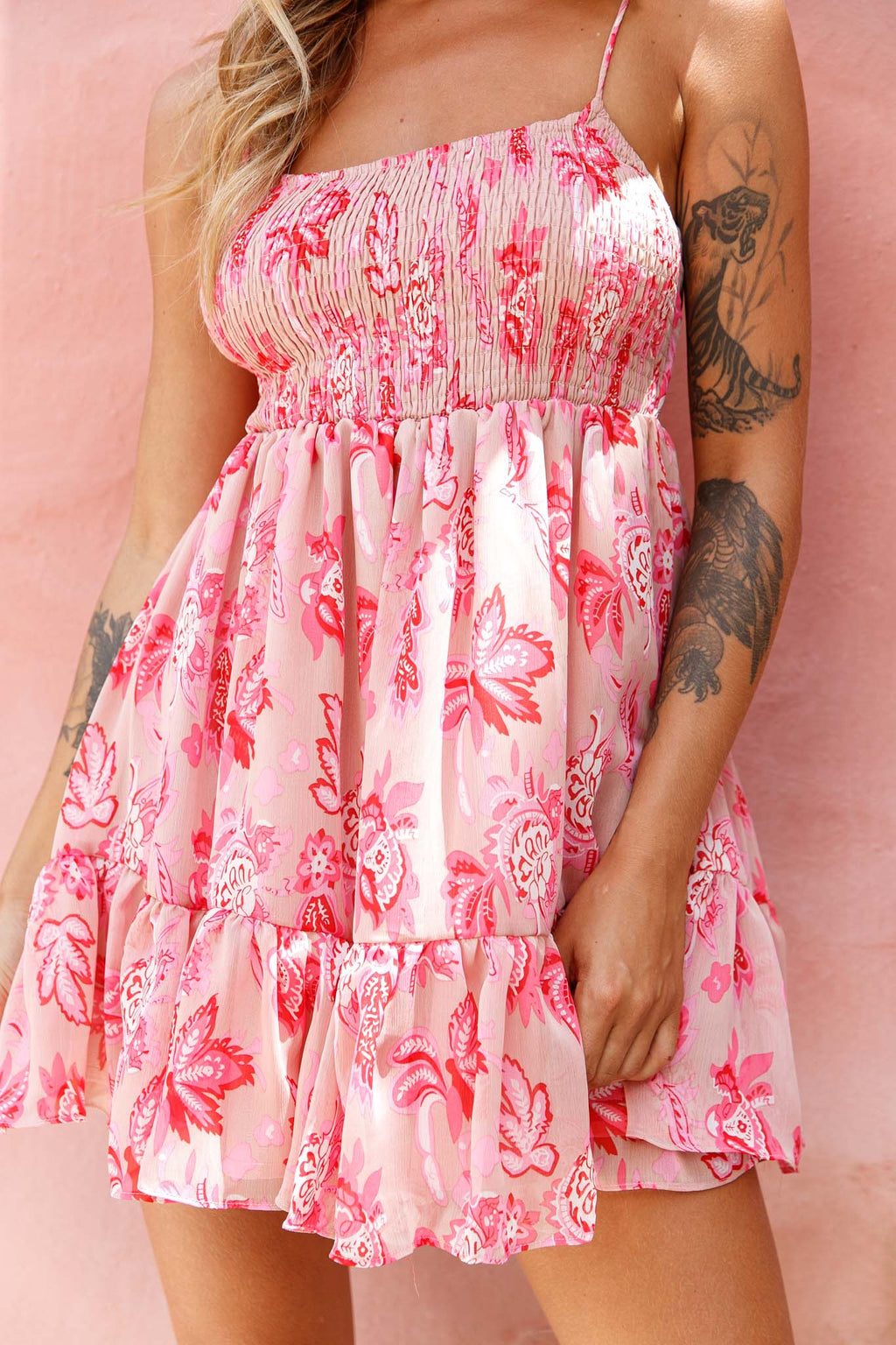 Marja Cami Strap Shirred Baby Doll Dress Floral Print Pink by Selfie Leslie