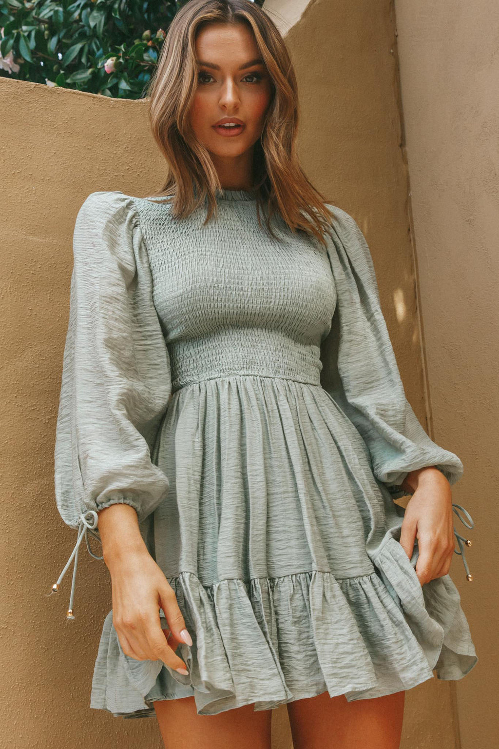 Secret Garden Long Sleeve Smocked Bodice Dress Olive by Selfie Leslie