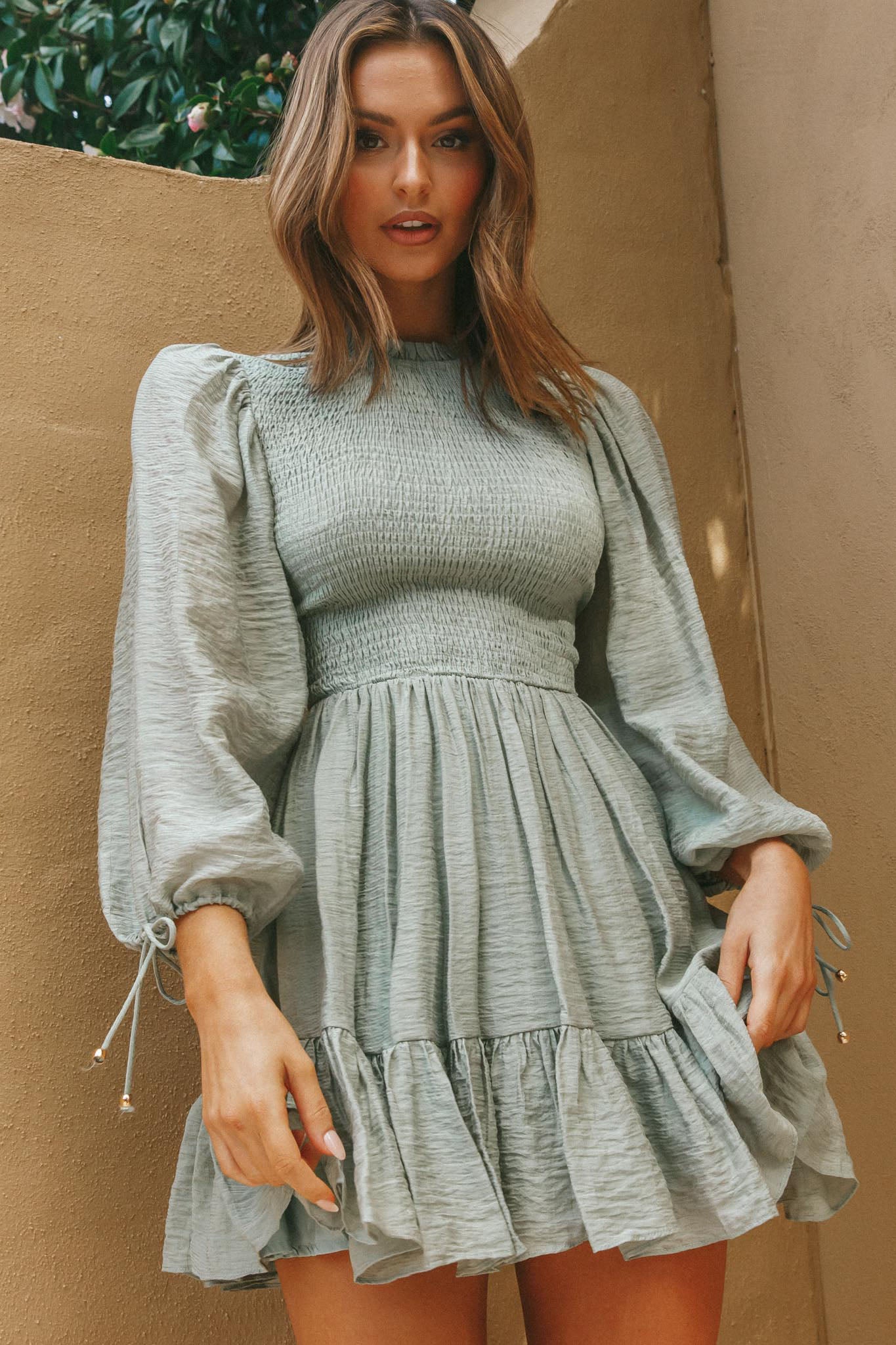 Secret Garden Long Sleeve Smocked Bodice Dress Olive by Selfie Leslie