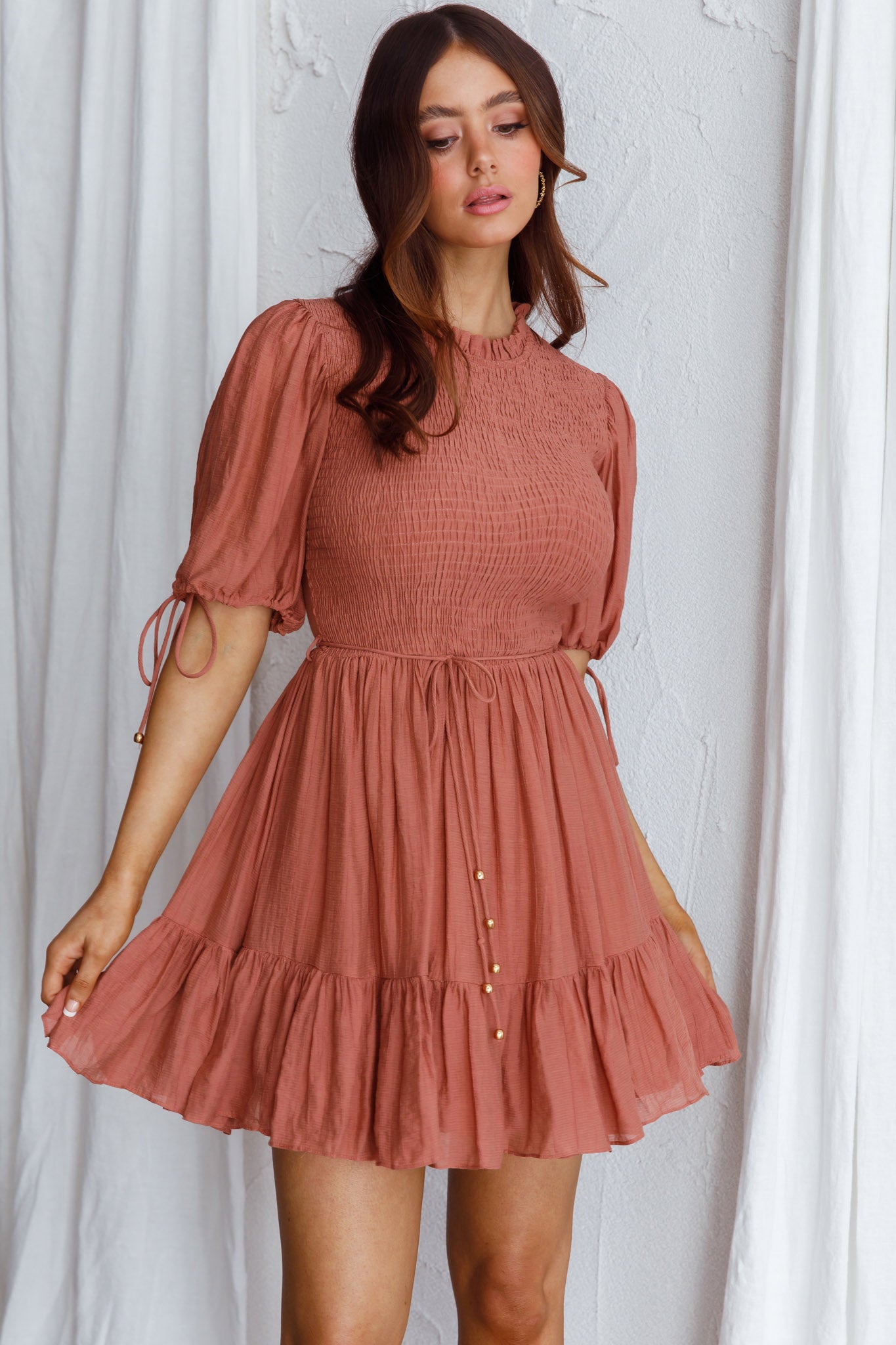 Secret Garden Puff Sleeve Smocked Bodice Dress Mocha by Selfie Leslie