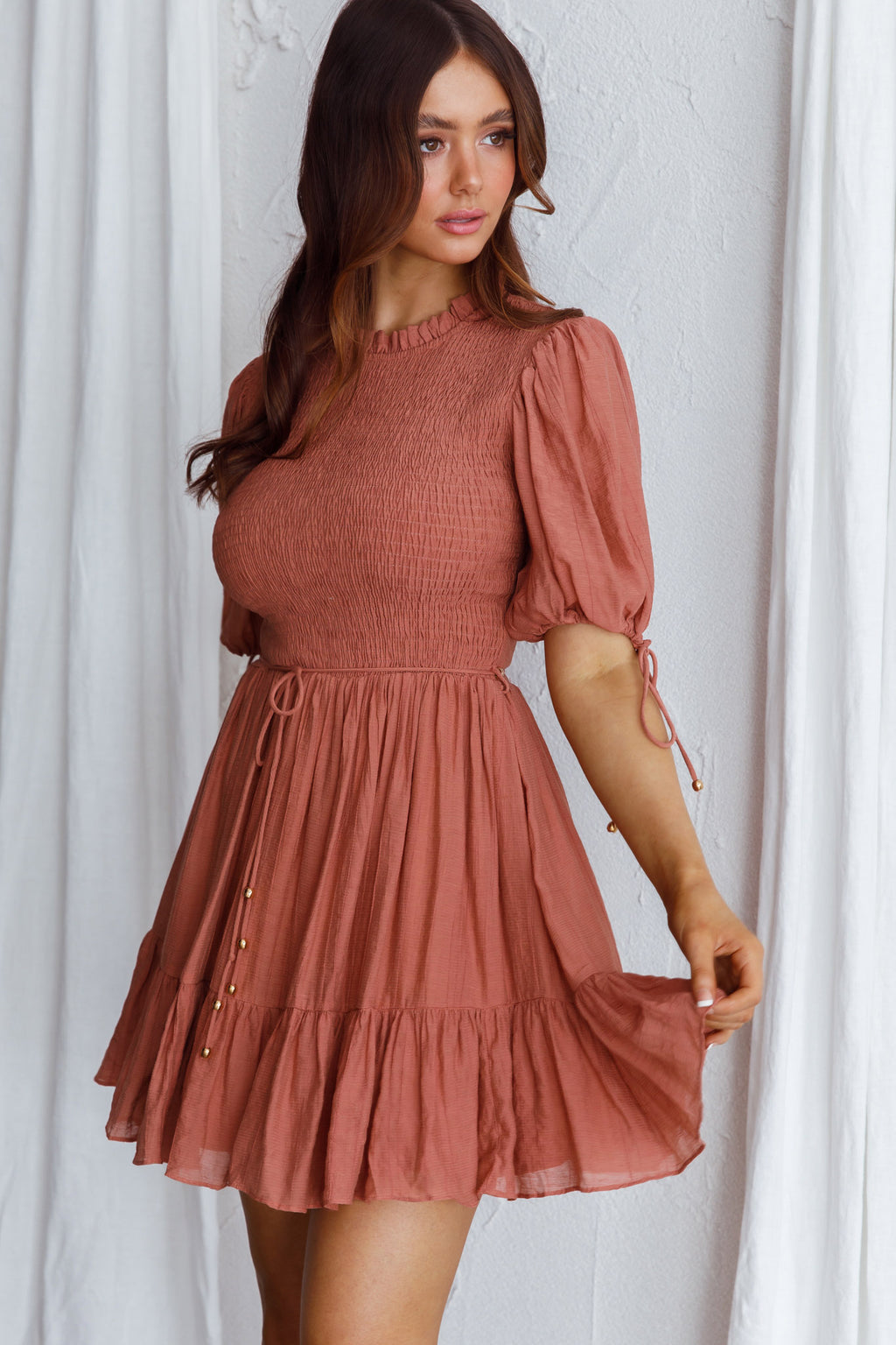 Secret Garden Puff Sleeve Smocked Bodice Dress Mocha by Selfie Leslie