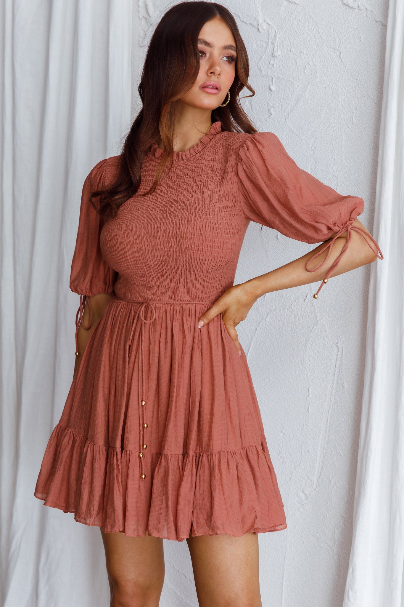 Secret Garden Puff Sleeve Smocked Bodice Dress Mocha by Selfie Leslie