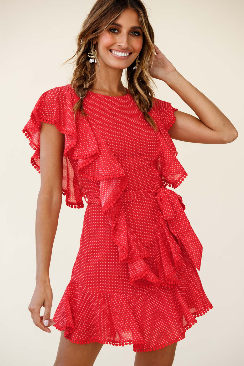 Deandra Ruffle Insert Waist Tie Dress Dash Pattern Red by Selfie Leslie