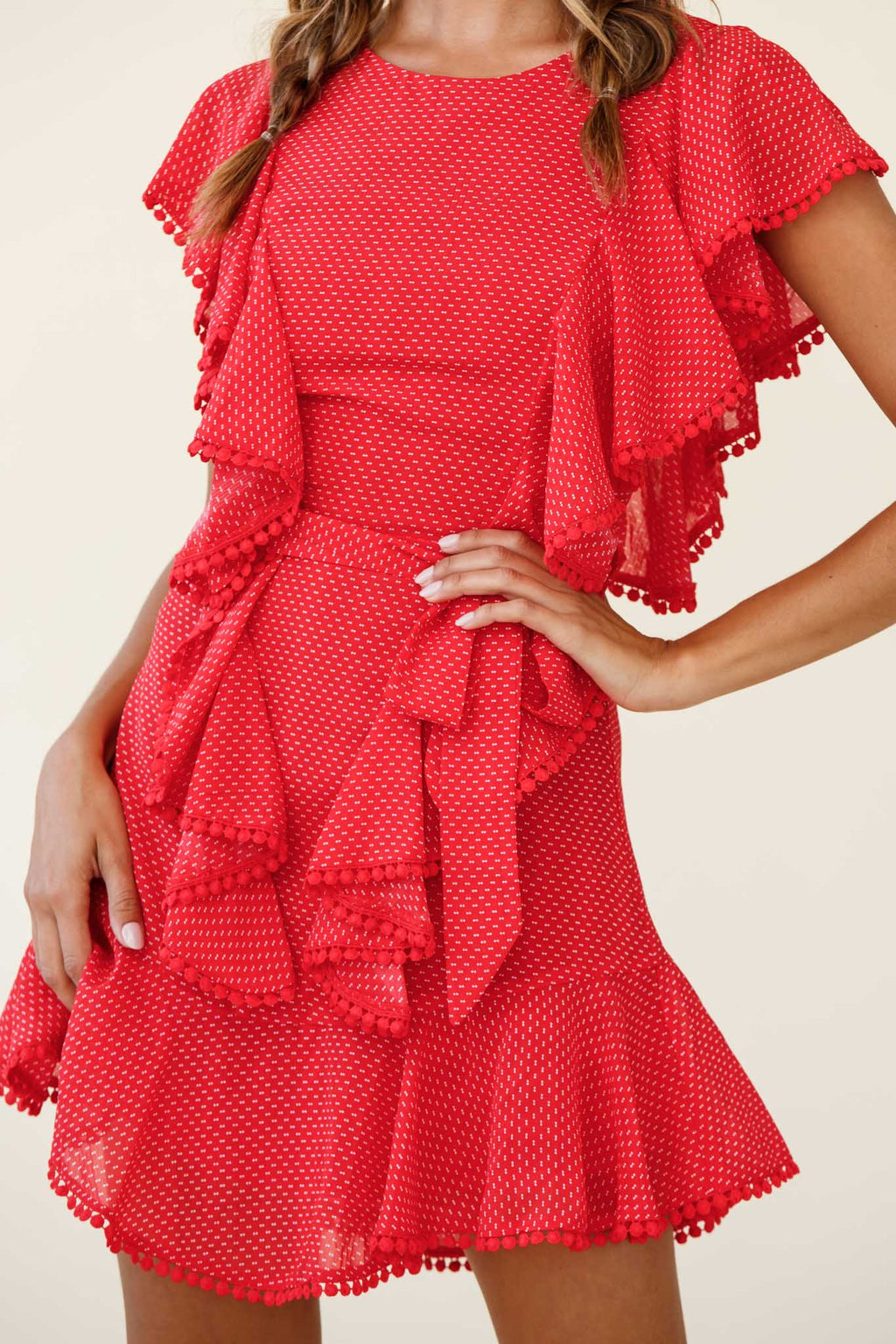 Deandra Ruffle Insert Waist Tie Dress Dash Pattern Red by Selfie Leslie
