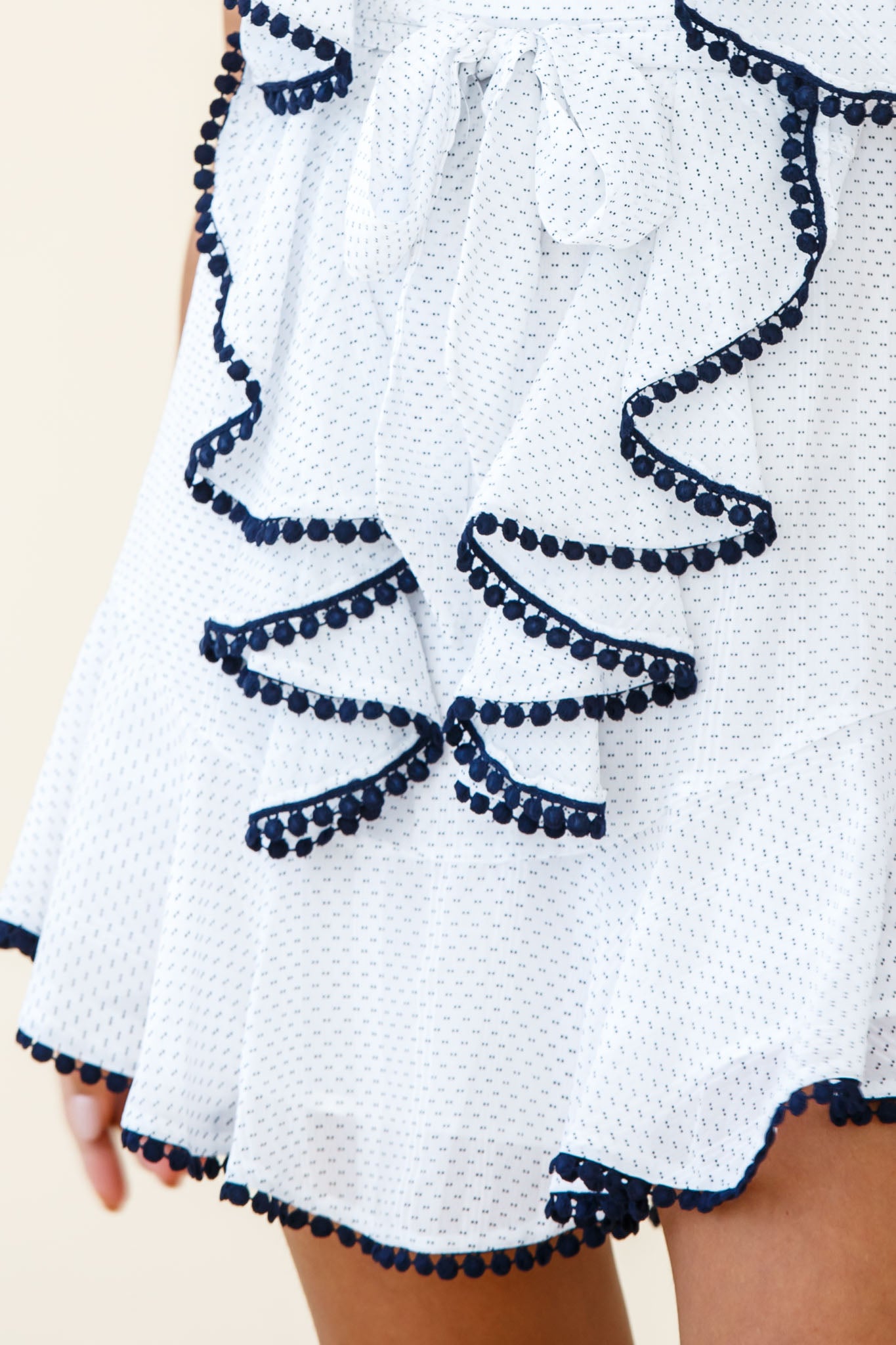 Deandra Ruffle Insert Waist Tie Dress Dash Pattern White by Selfie Leslie