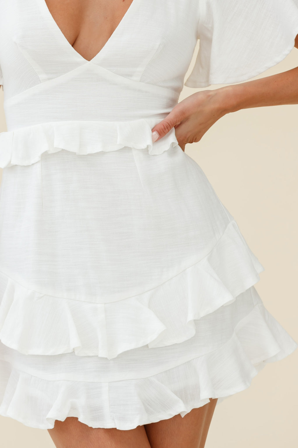Queenie Angel Sleeve Ruffle Trim Dress White by Selfie Leslie