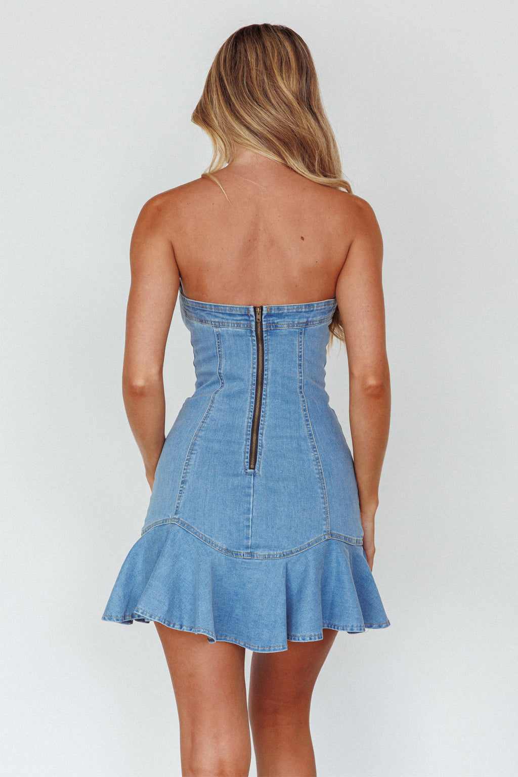 Cathlin Strapless Ruffle Hem Dress Blue by Selfie Leslie