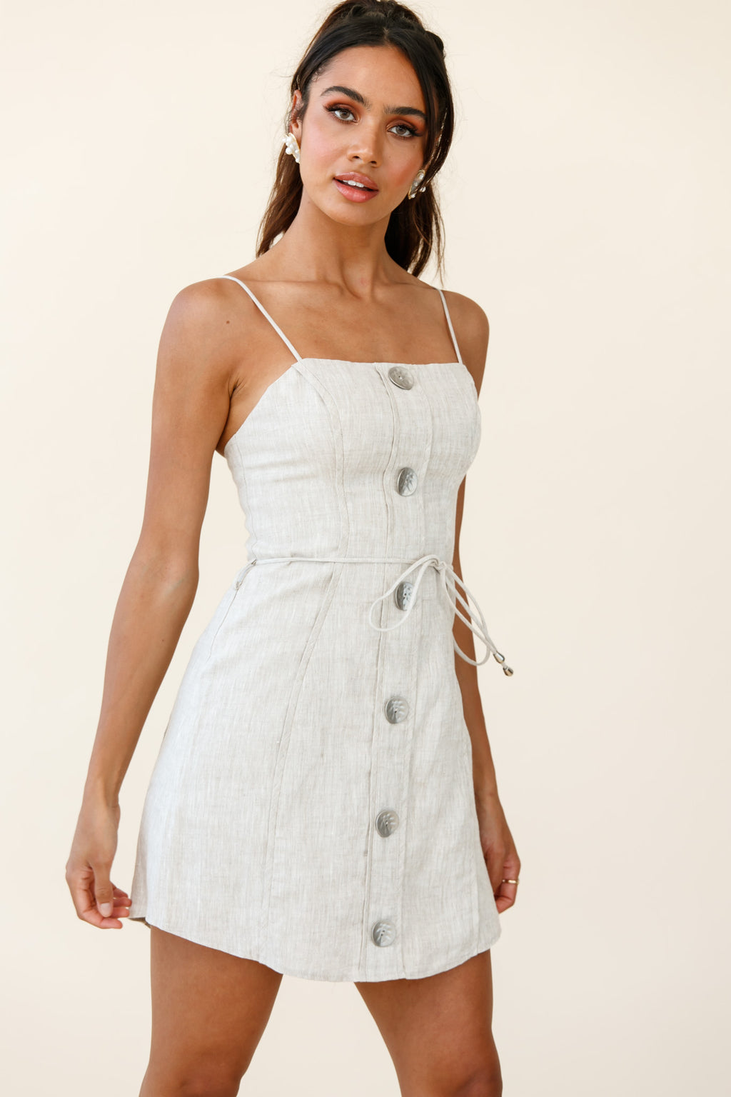 Sacramento Faux Placket Button Detail Dress Natural by Selfie Leslie