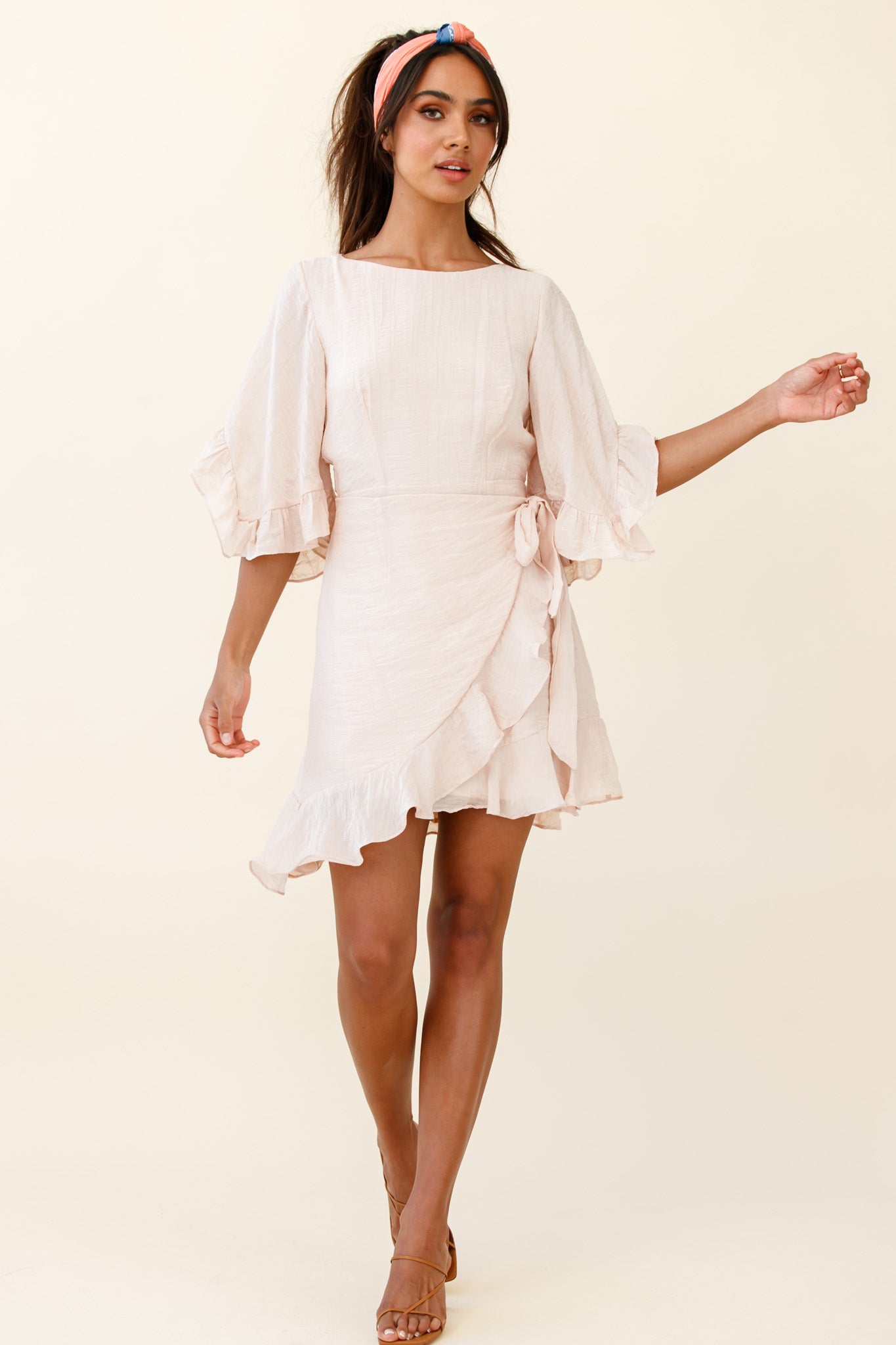 Make It Happen Flared Sleeve Ruffle Trim Dress Beige by Selfie Leslie