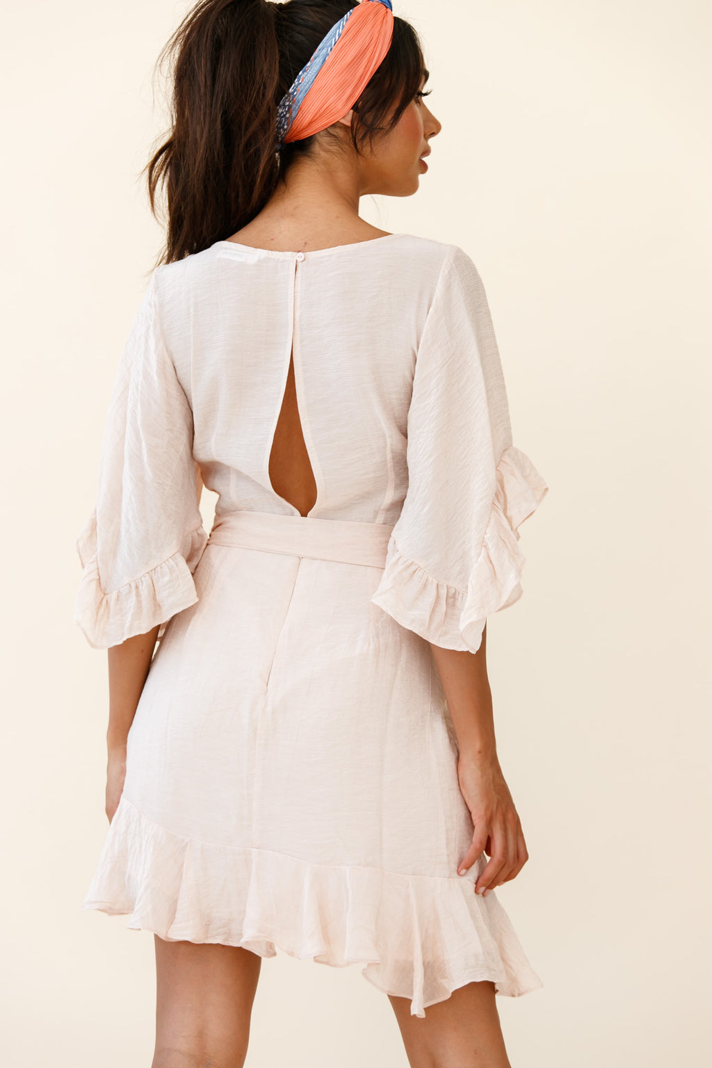 Make It Happen Flared Sleeve Ruffle Trim Dress Beige by Selfie Leslie