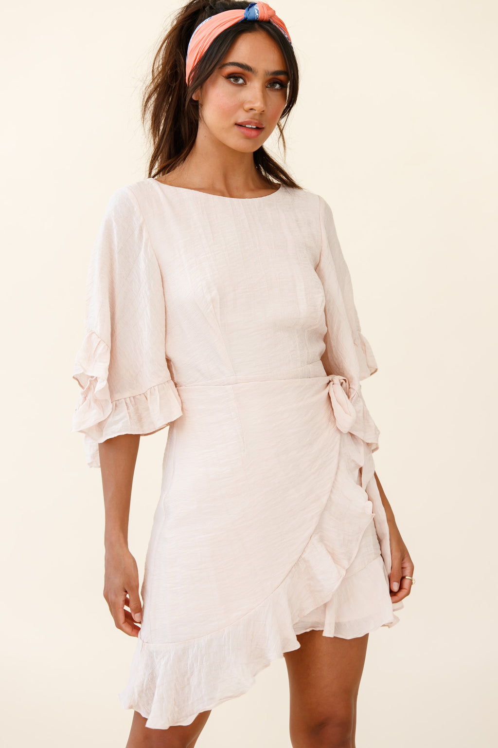 Make It Happen Flared Sleeve Ruffle Trim Dress Beige by Selfie Leslie