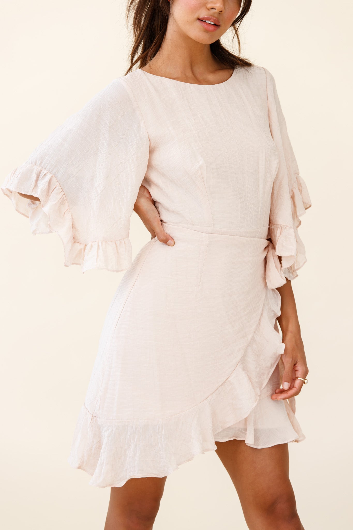 Make It Happen Flared Sleeve Ruffle Trim Dress Beige by Selfie Leslie